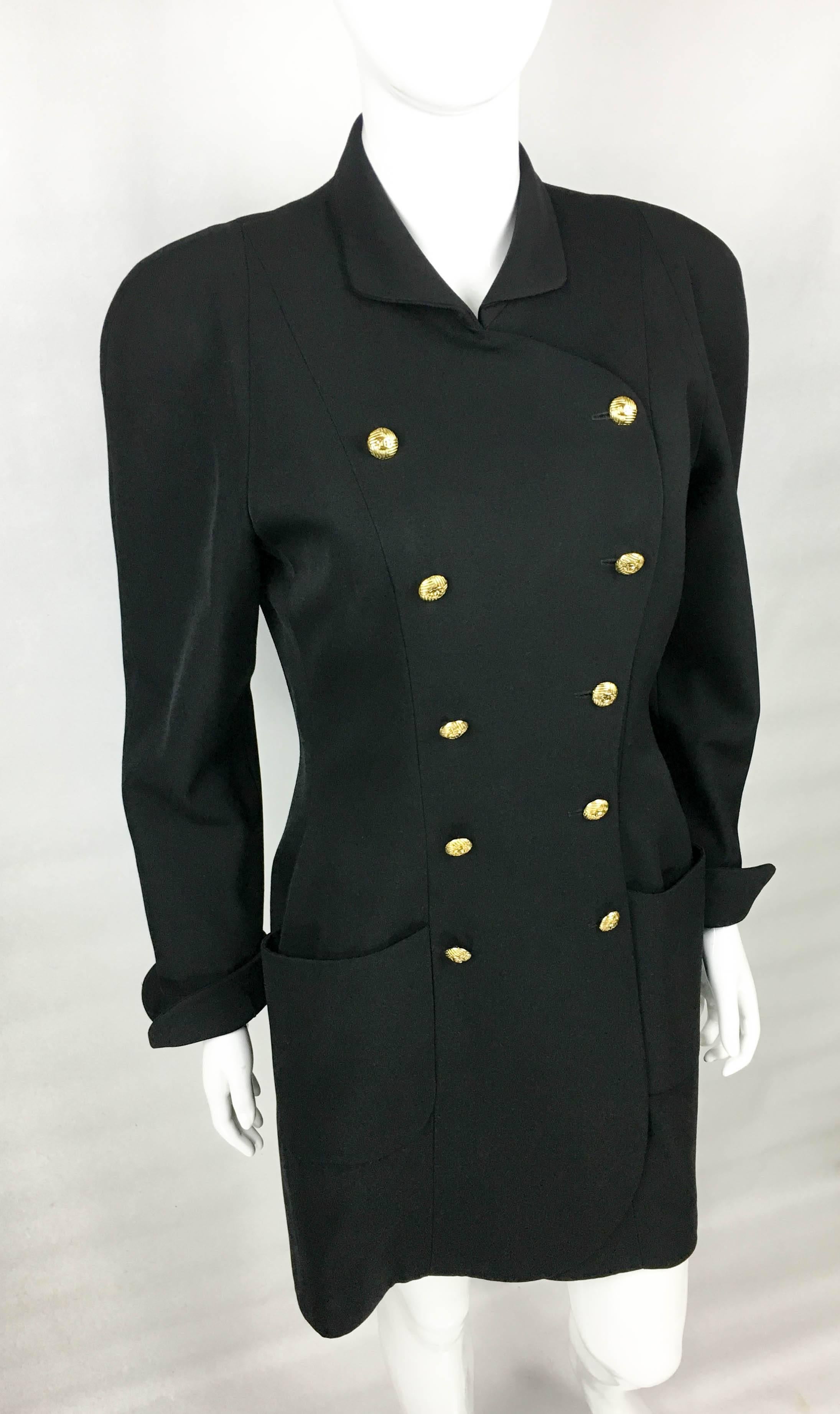 1990s Chanel Black Wool Dress / Coat With Gilt Logo Buttons For Sale 2