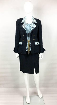 1993 Chanel Black Boucle and Novelty-Print Silk 3-Piece Ensemble