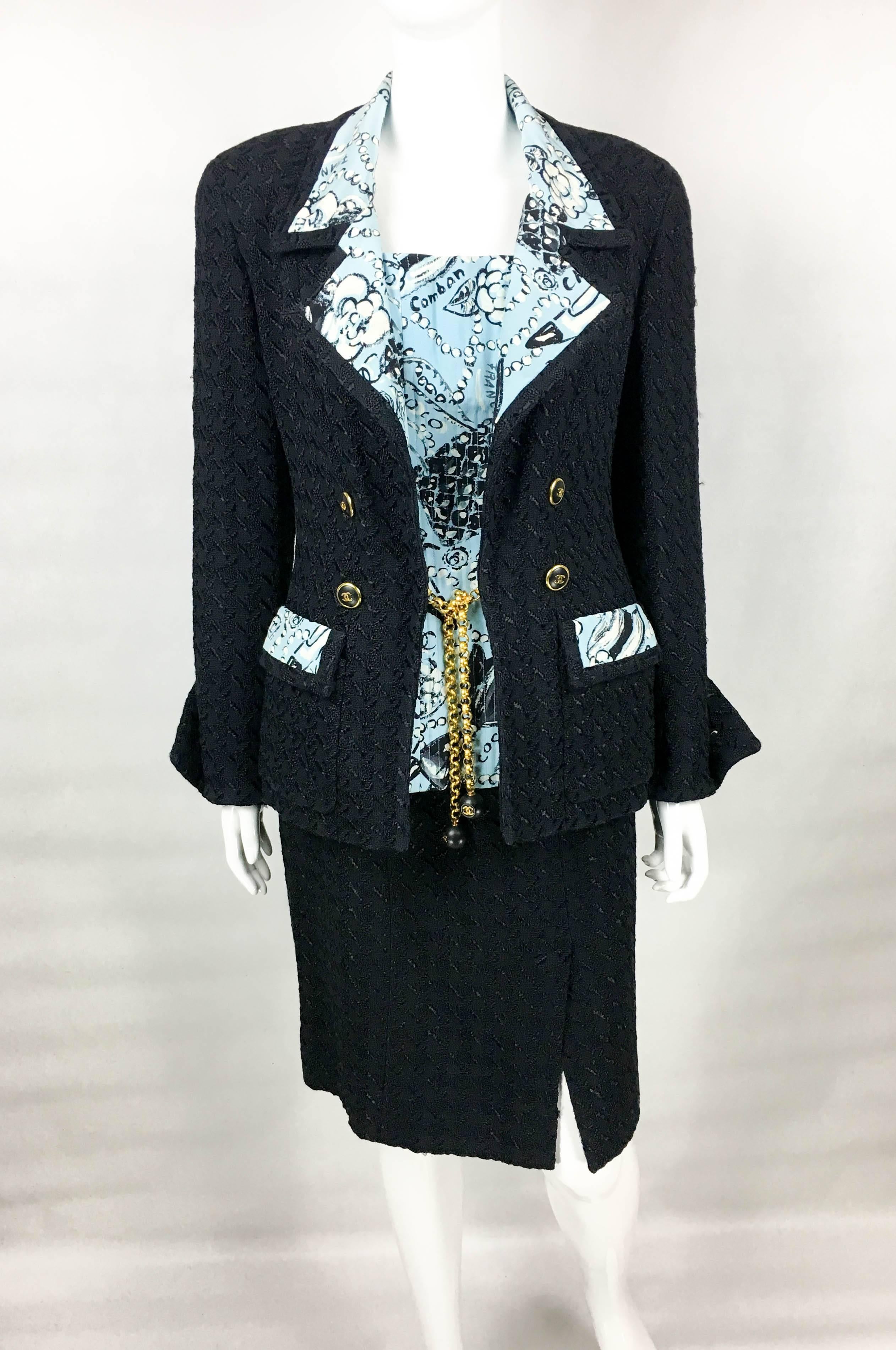 Women's 1993 Chanel Black Boucle and Novelty-Print Silk 3-Piece Ensemble For Sale