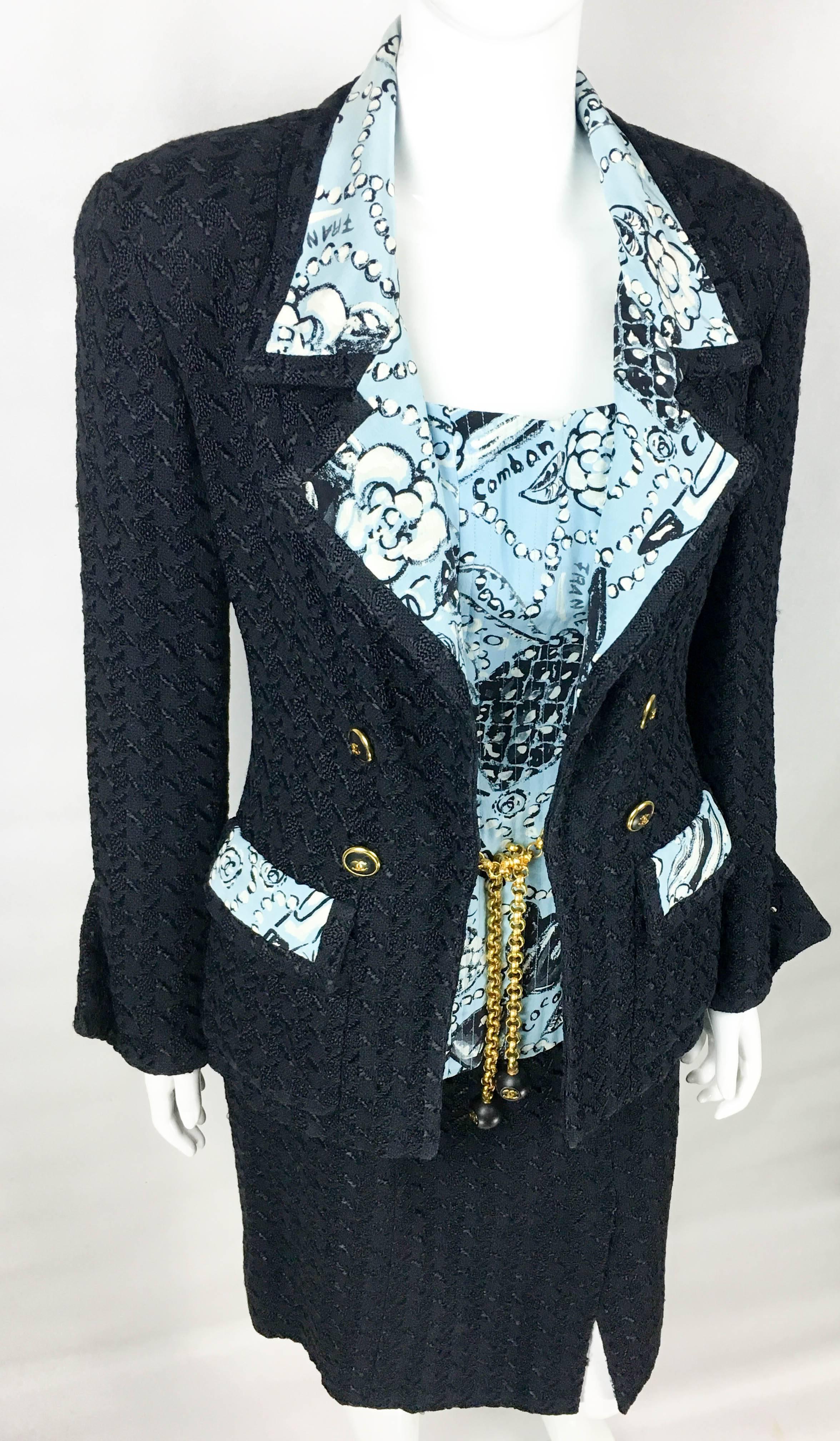 1993 Chanel Black Boucle and Novelty-Print Silk 3-Piece Ensemble For Sale 1