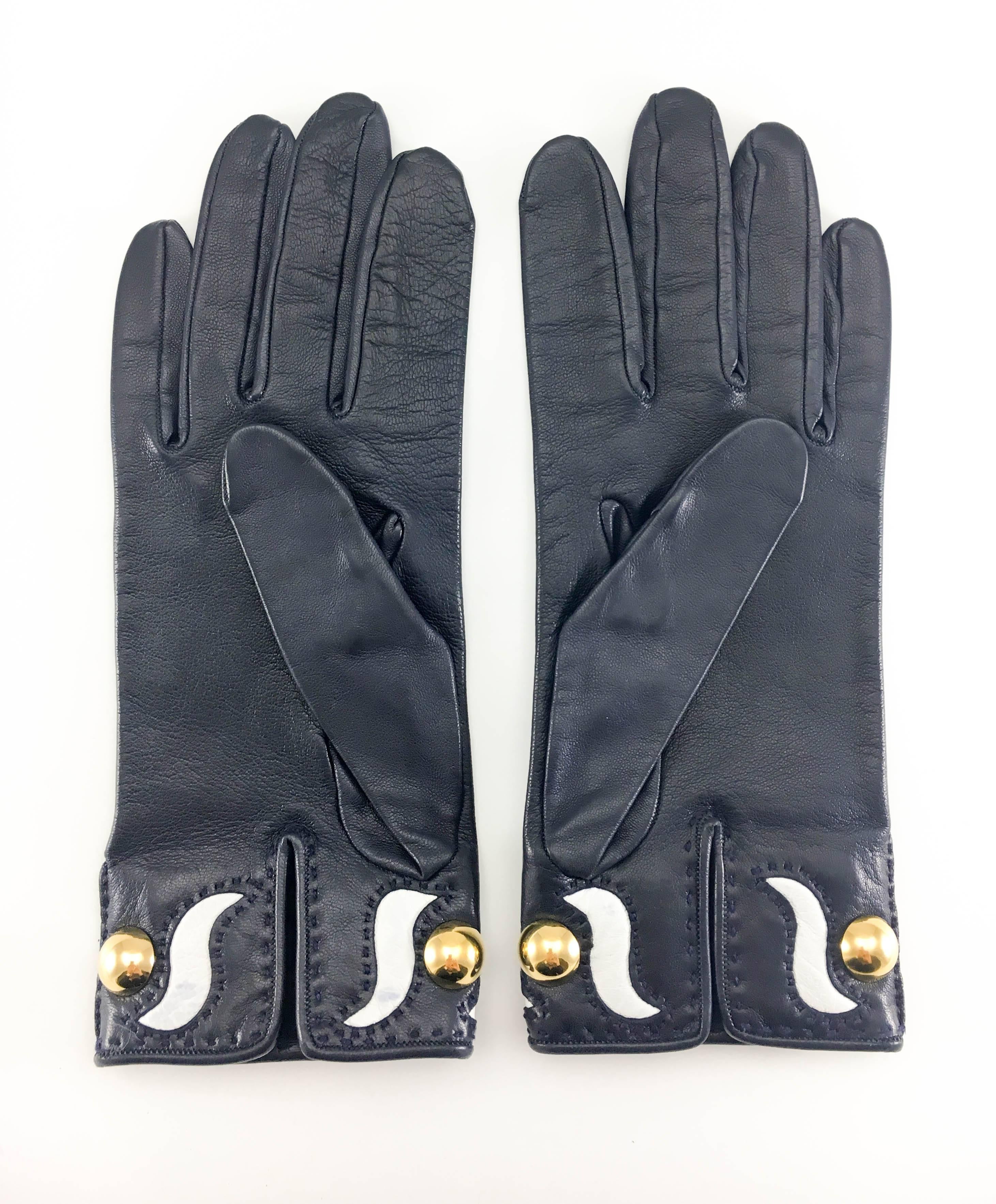 Black Hermes Navy Blue Leather Gloves