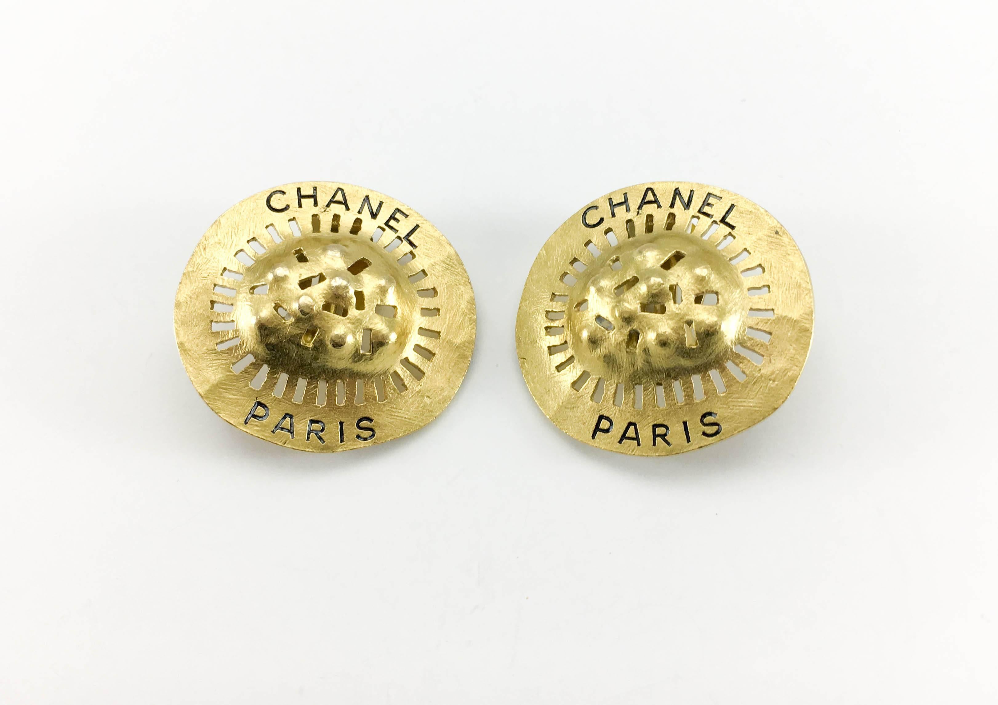 1994 Chanel Shield-Like Medallion Gilt Earrings  For Sale 1