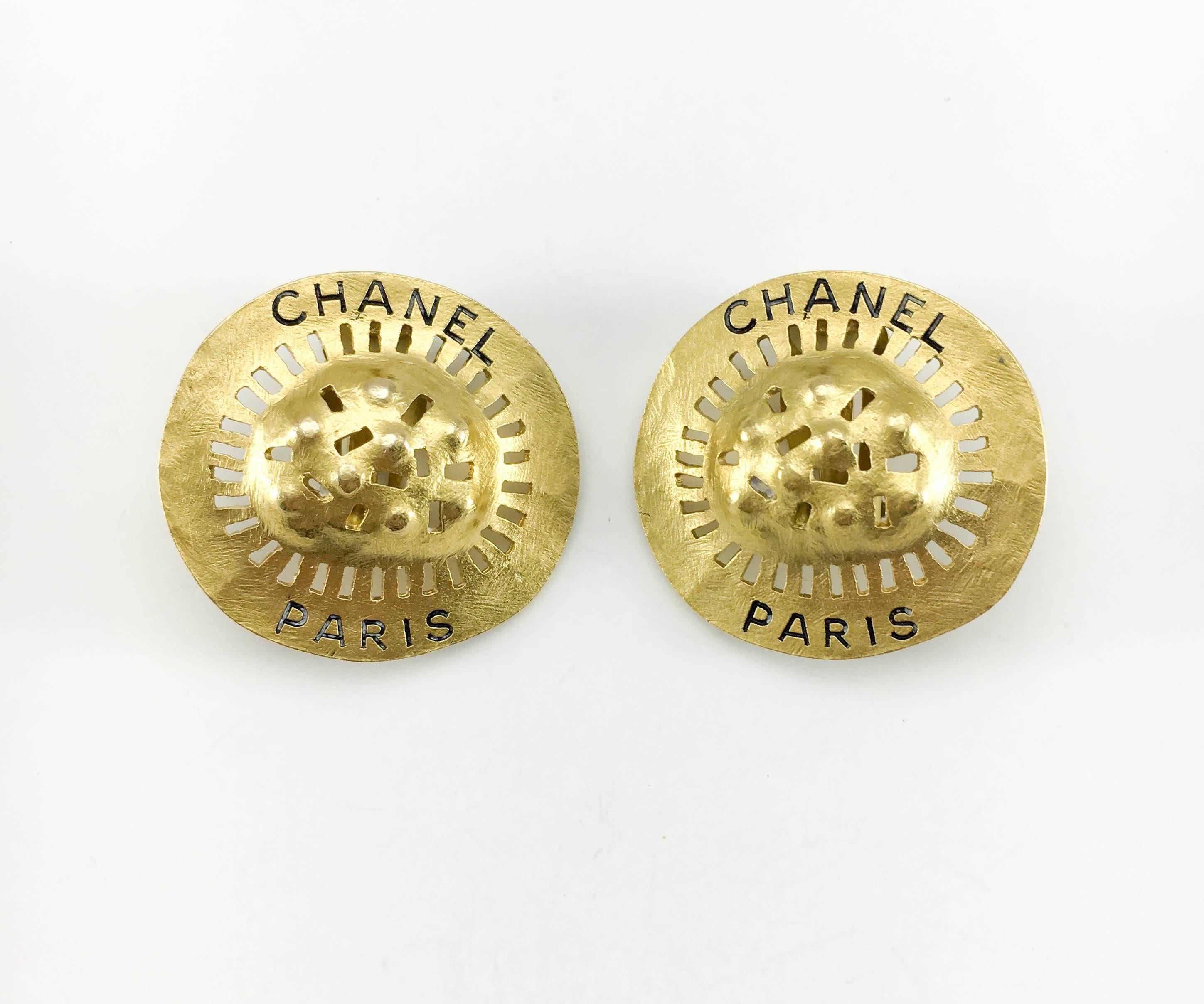 Women's 1994 Chanel Shield-Like Medallion Gilt Earrings  For Sale