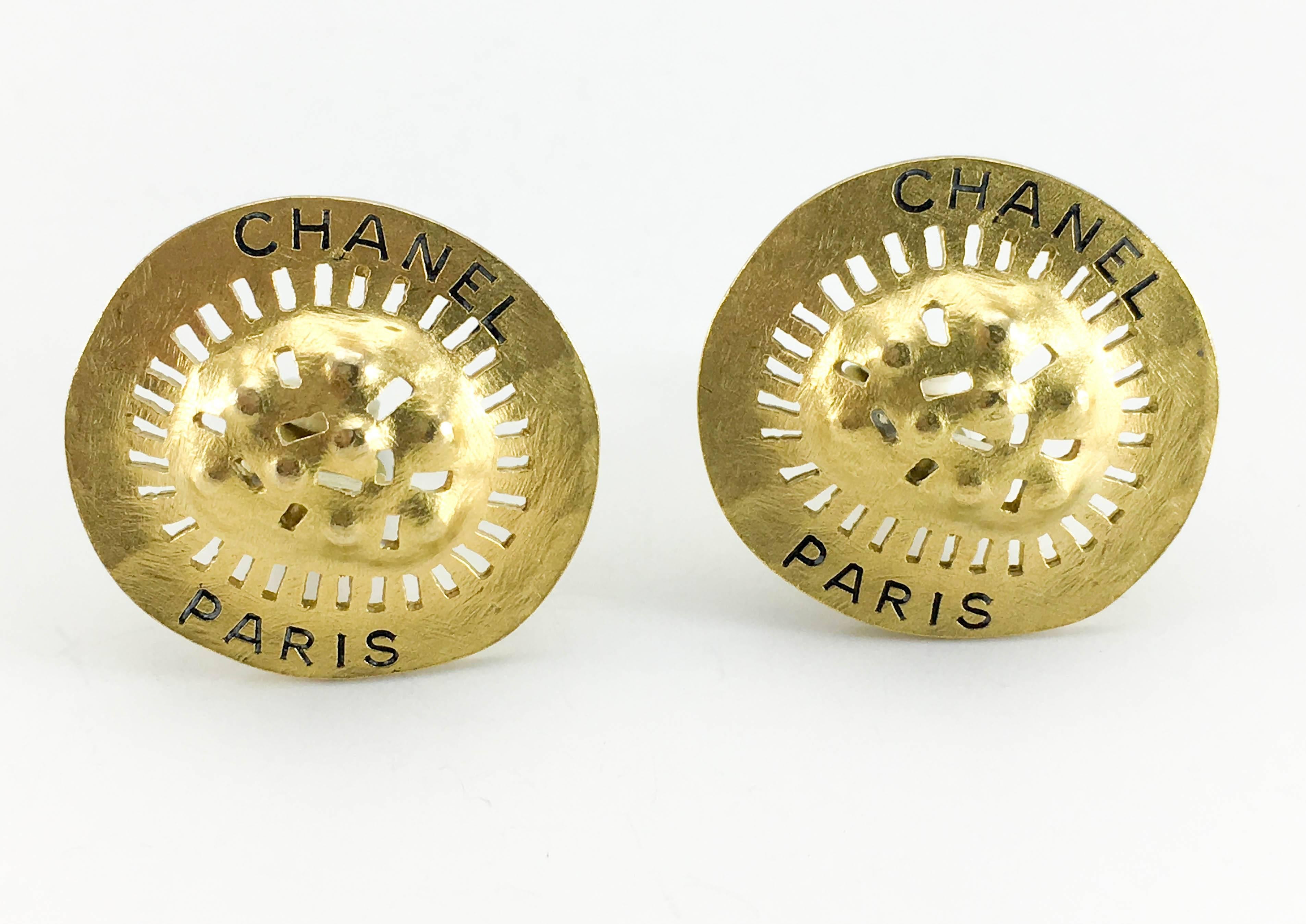 1994 Chanel Shield-Like Medallion Gilt Earrings  In Excellent Condition For Sale In London, Chelsea