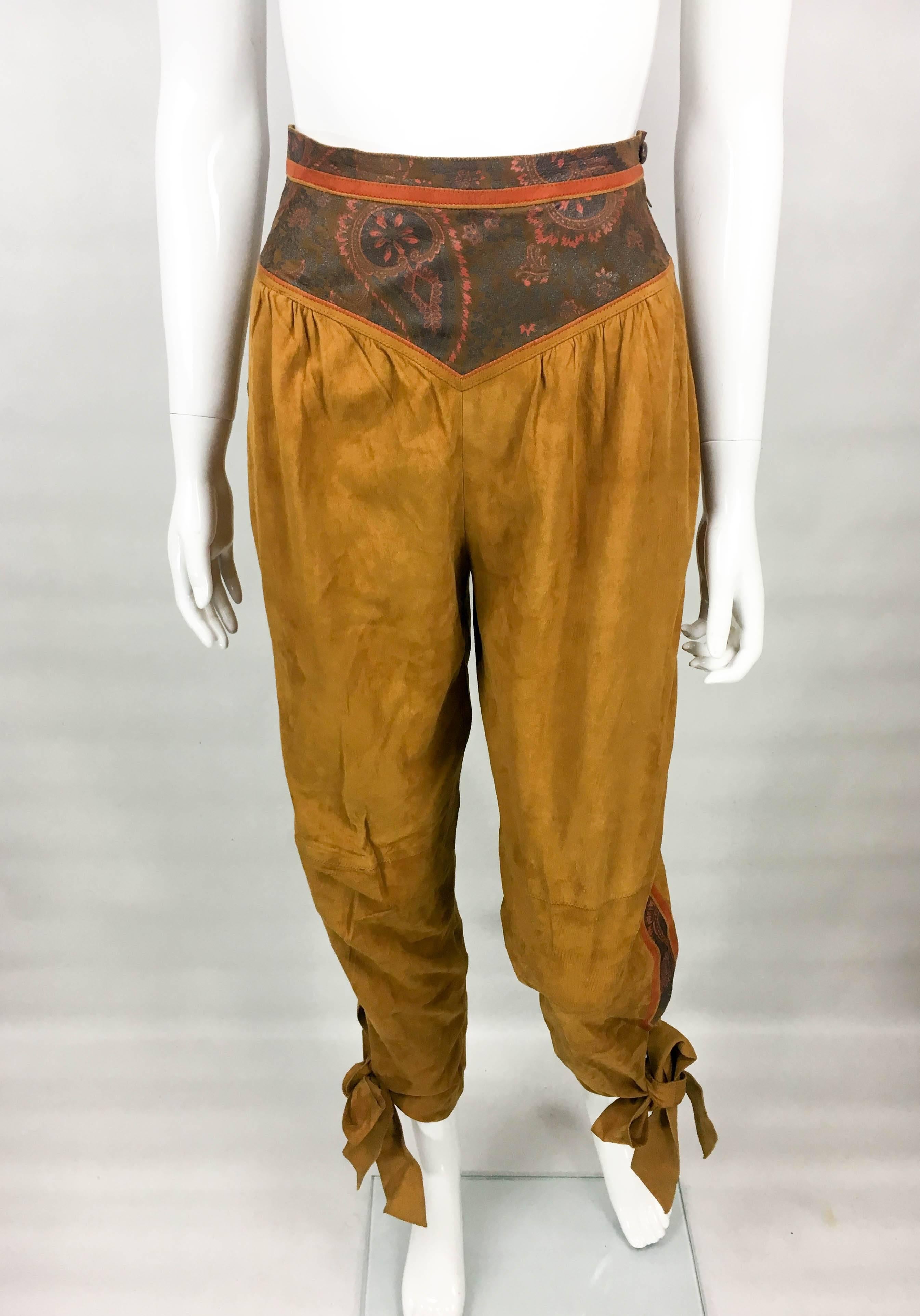 Brown Roberto Cavalli Tan Suede Cropped Pants, 1980s  For Sale