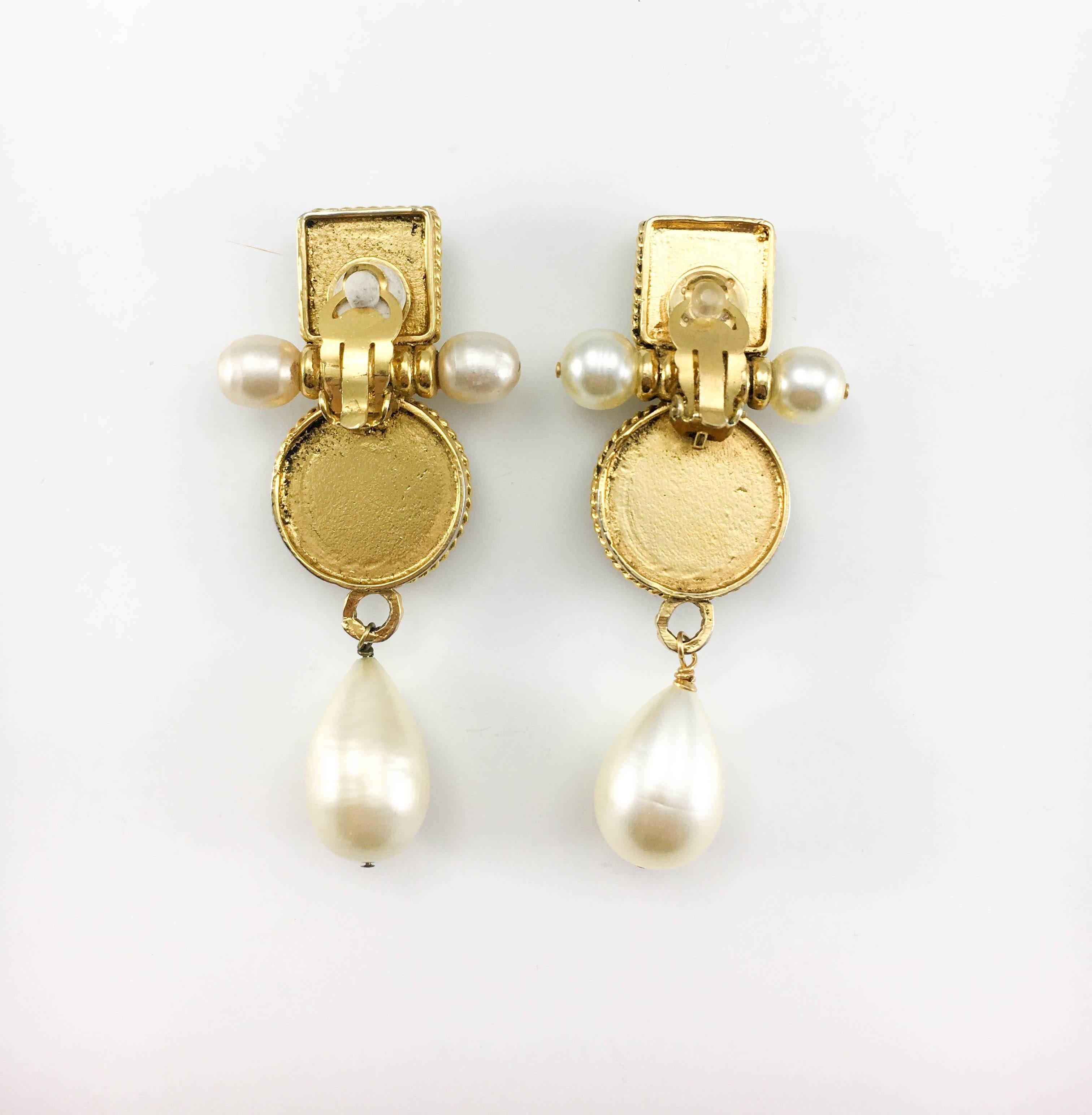 Chanel Large Faux Pearl and Red and Green Gripoix Earrings, 1970s  In Excellent Condition In London, Chelsea