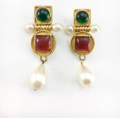Chanel Large Faux Pearl and Red and Green Gripoix Earrings, 1970s