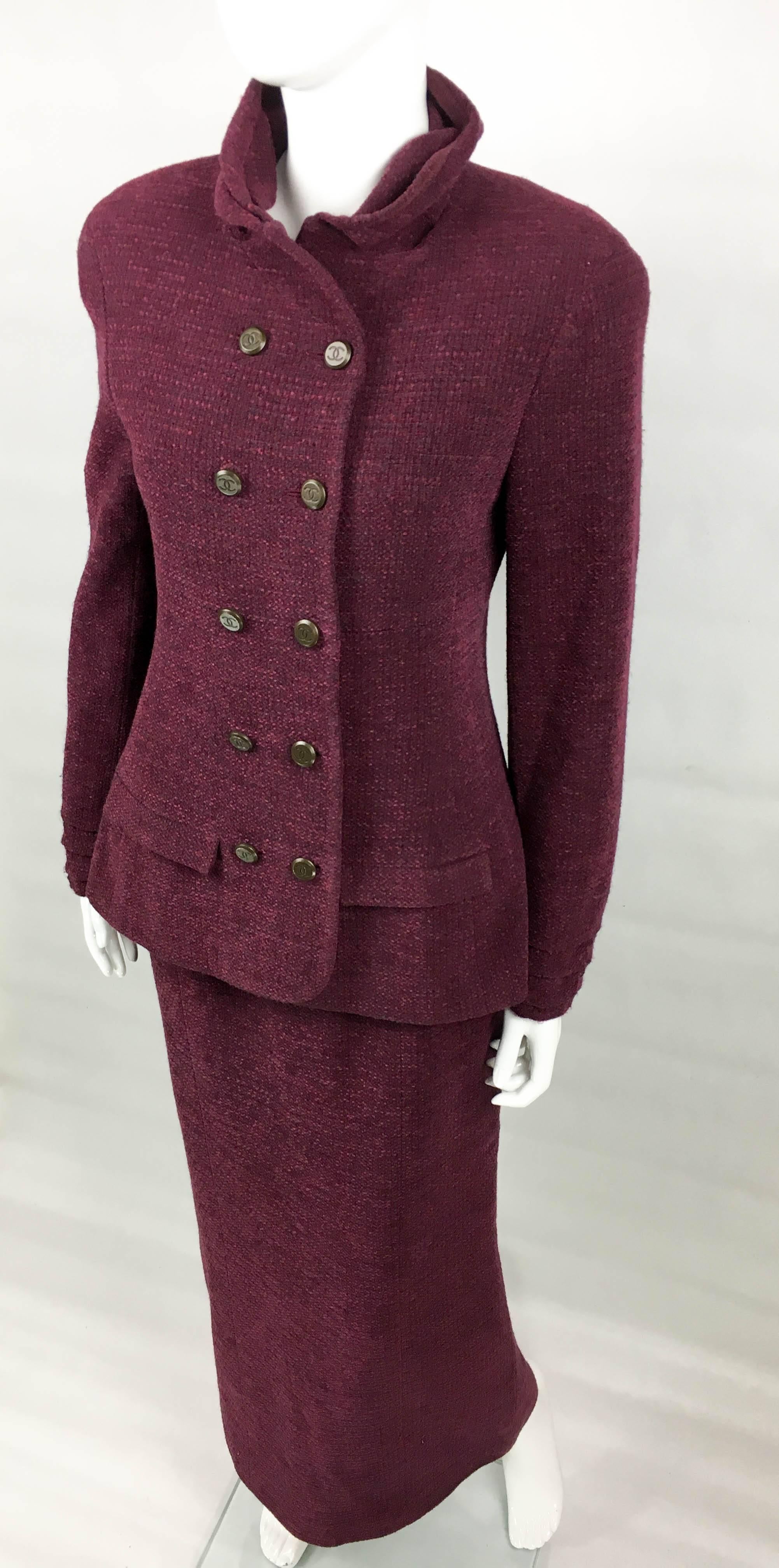 Women's Chanel Burgundy Wool Bouclé Skirt Suit, 1998  For Sale
