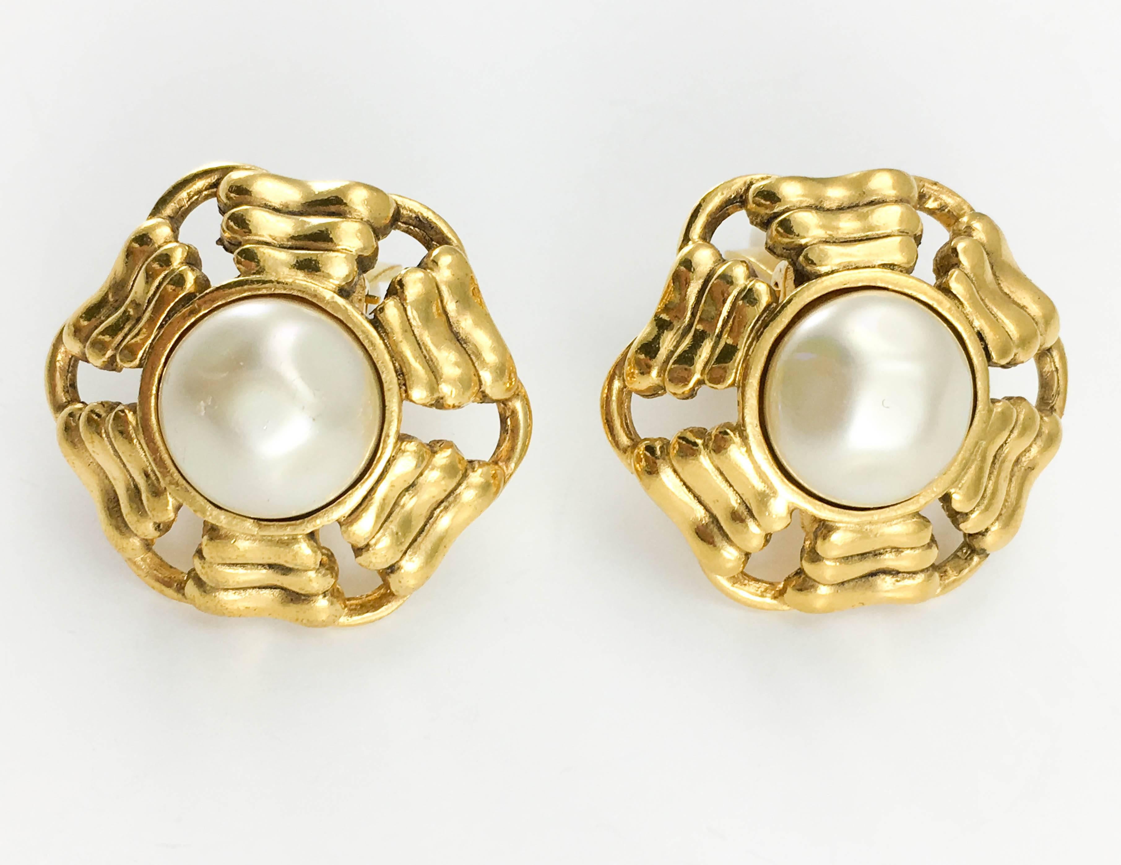 Women's Chanel Gold-Plated Round Pearl Earrings, 1980s   For Sale