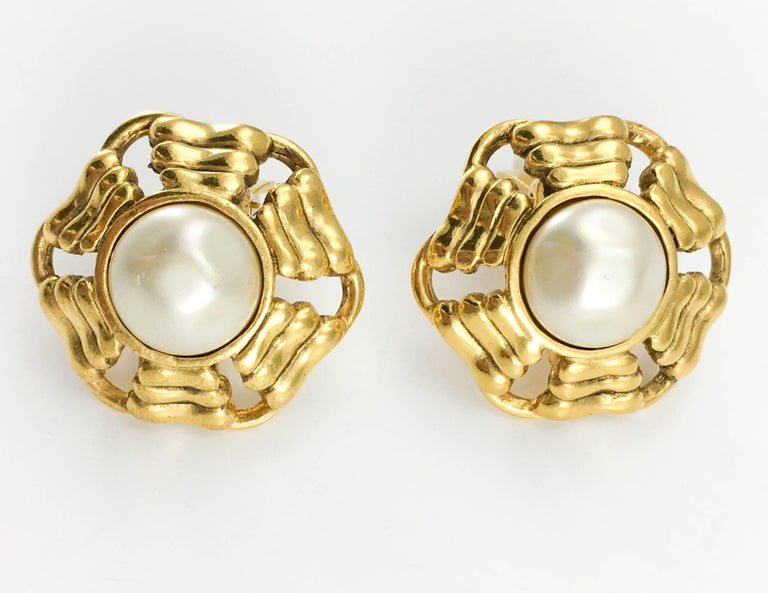 Chanel Gold-Plated Round Pearl Earrings, 1980s For Sale at 1stDibs