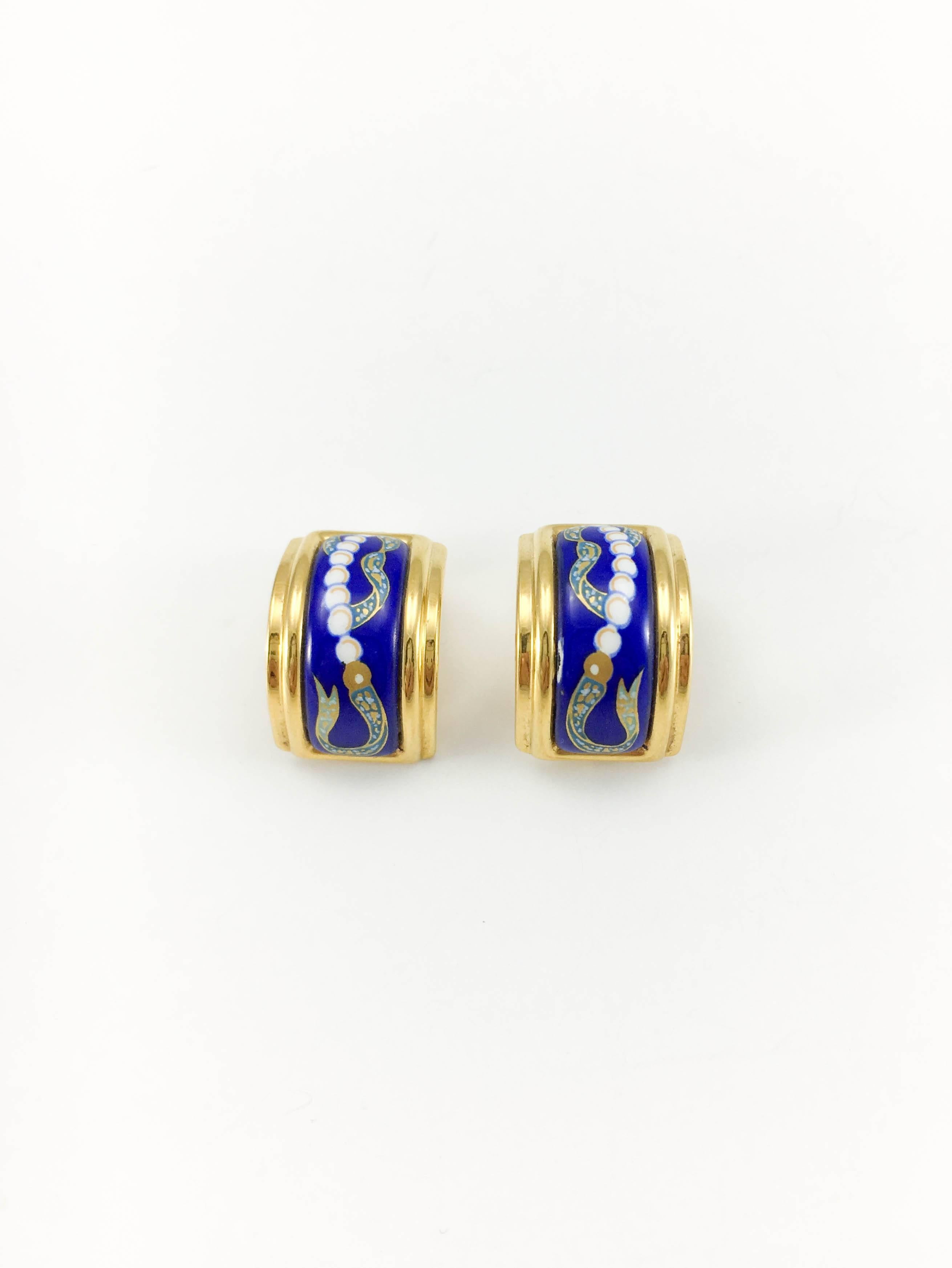 1990's Hermes Oriental Motif Gold-Plated Enamelled Earrings In Excellent Condition In London, Chelsea