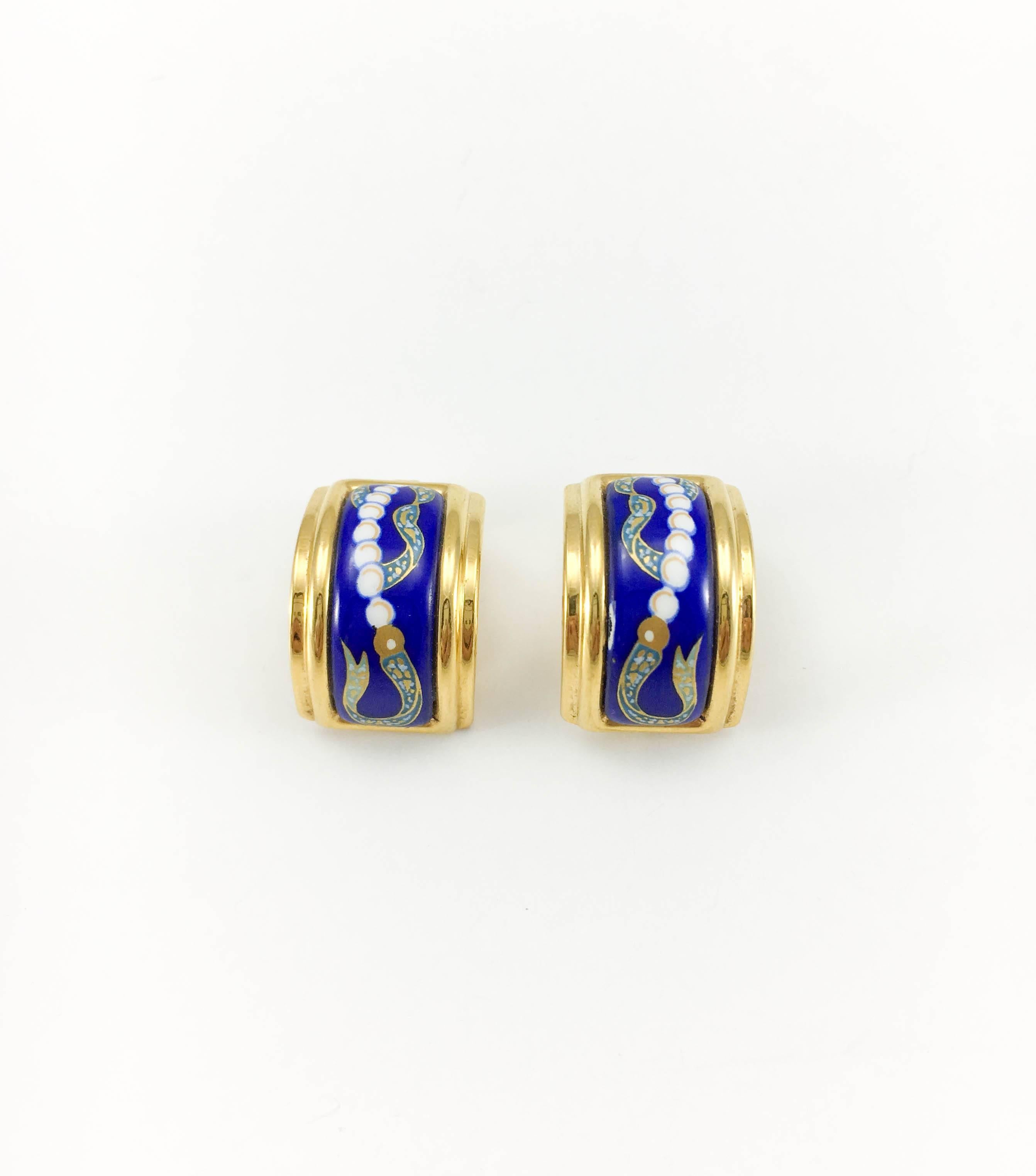 Women's 1990's Hermes Oriental Motif Gold-Plated Enamelled Earrings
