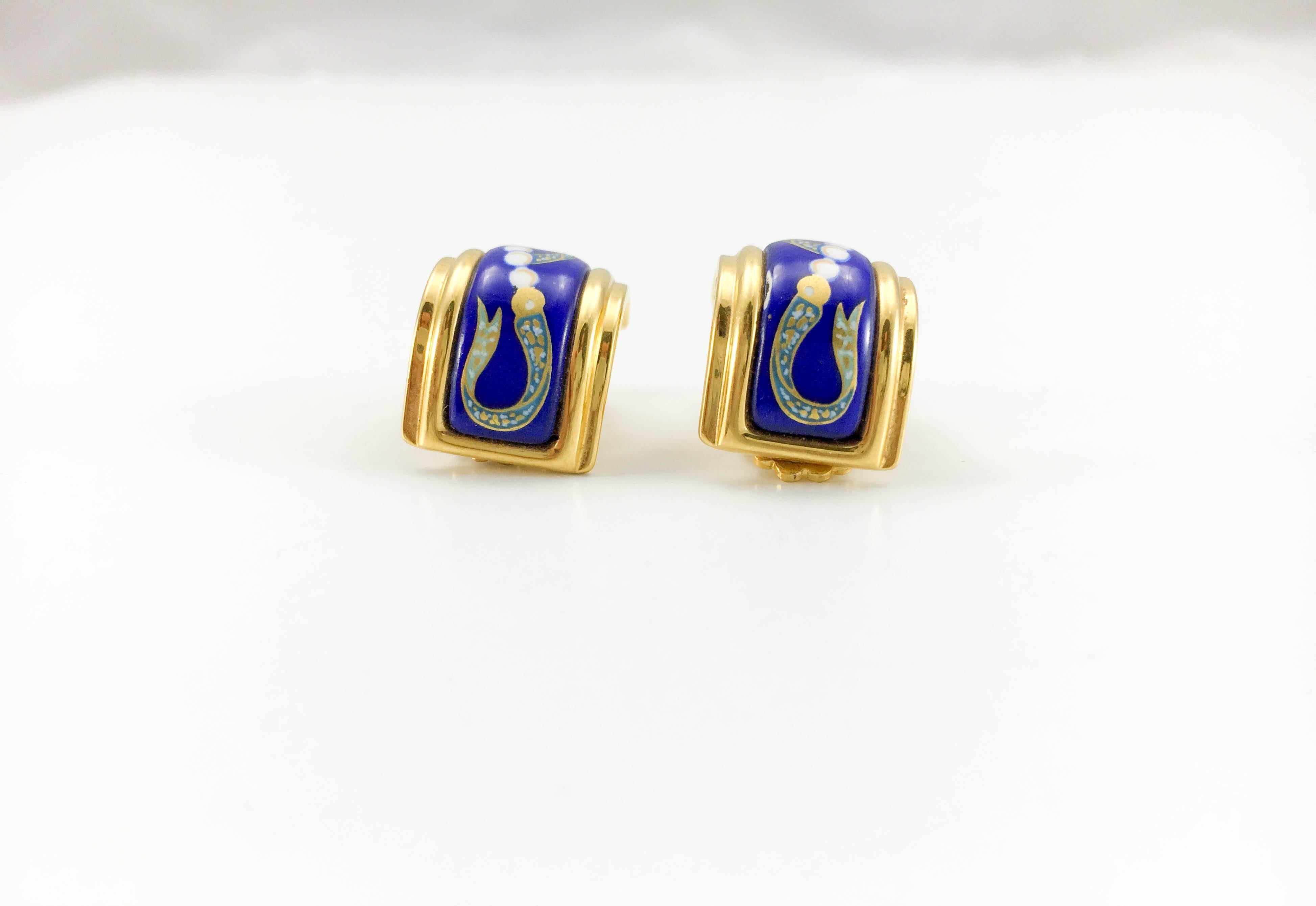 1990's Hermes Oriental Motif Gold-Plated Enamelled Earrings 1