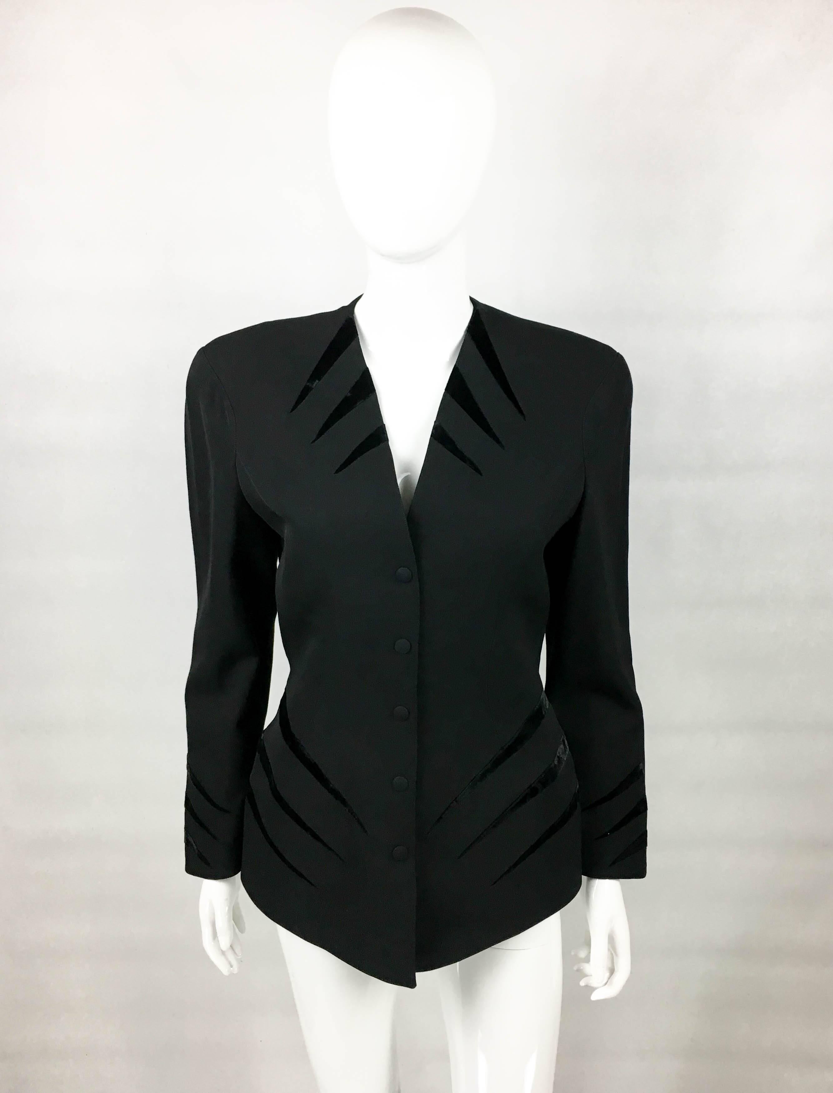 Thierry Mugler Black Wool Jacket With Velvet Details, 1980s  In Excellent Condition In London, Chelsea