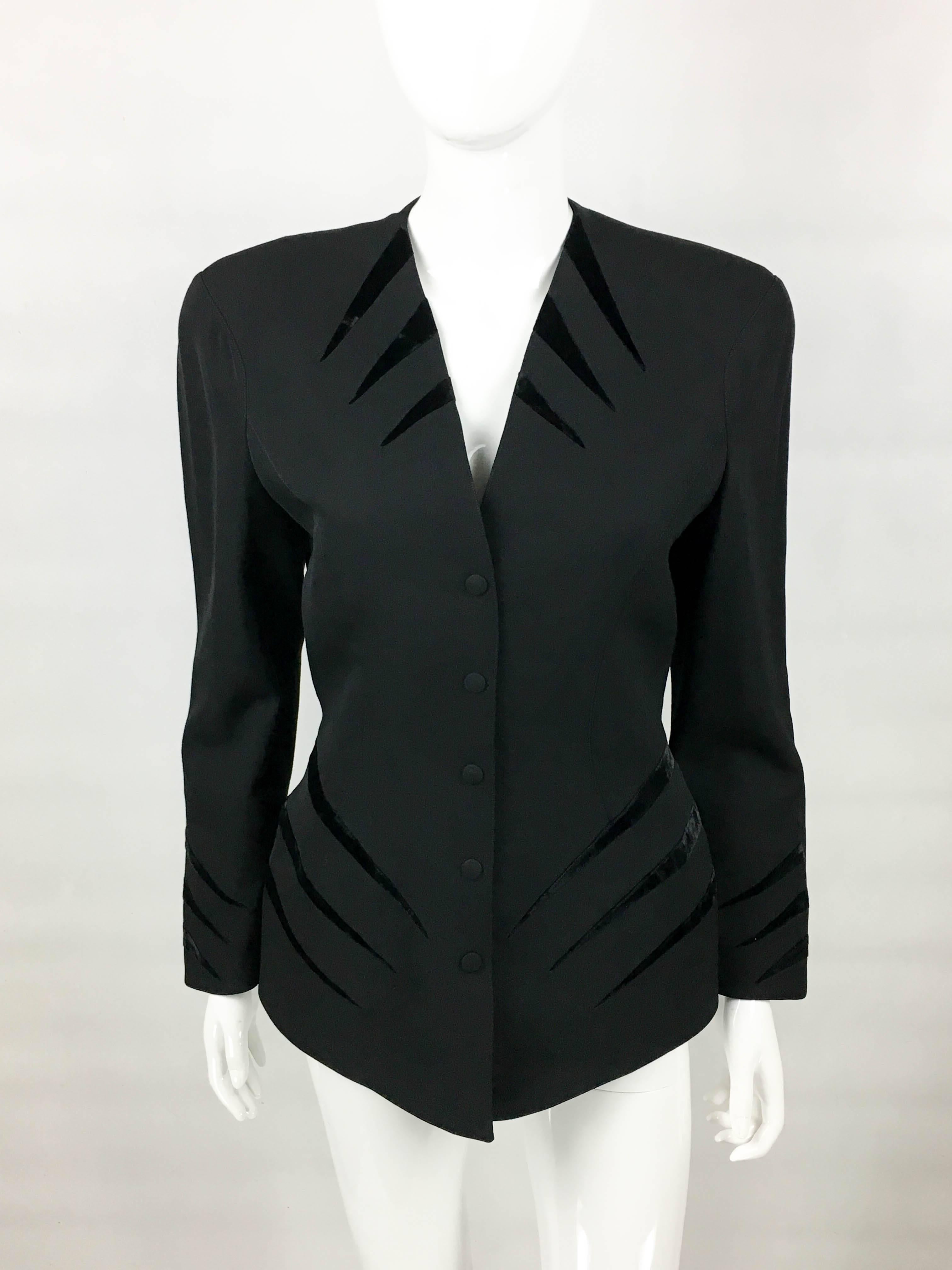 Women's Thierry Mugler Black Wool Jacket With Velvet Details, 1980s 