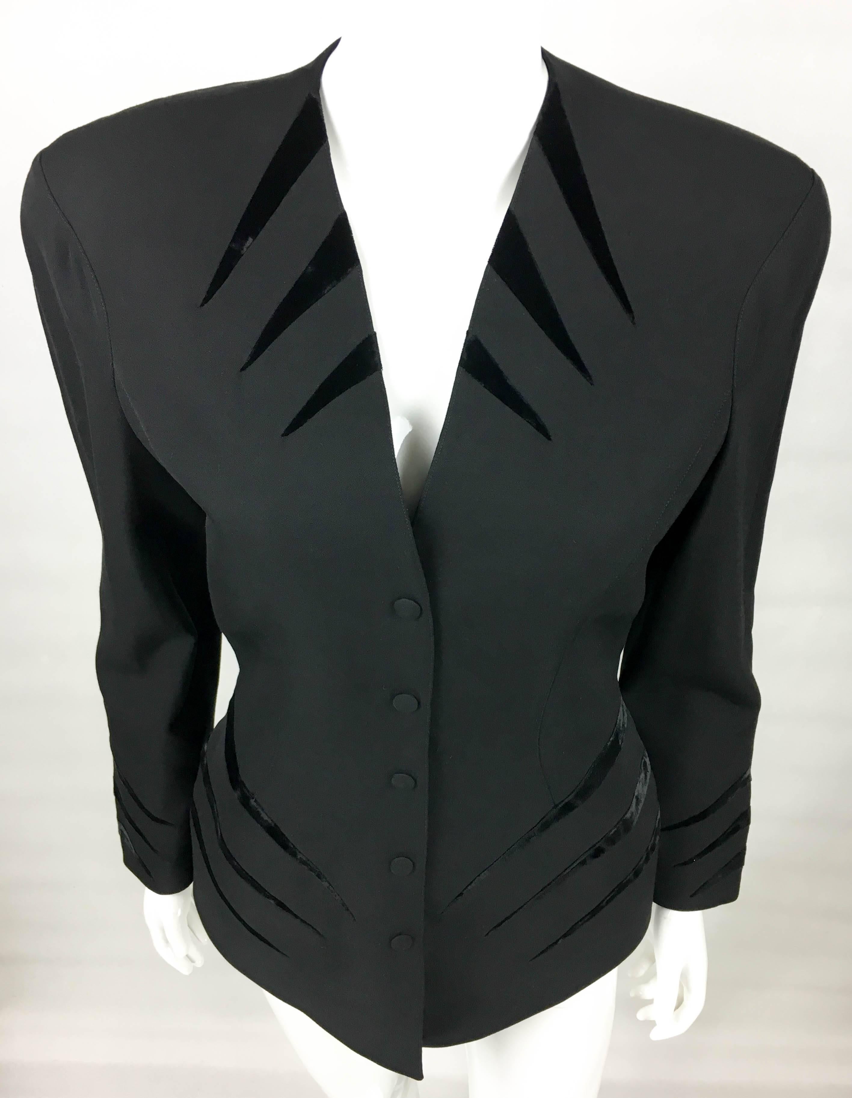 Thierry Mugler Black Wool Jacket With Velvet Details, 1980s  1