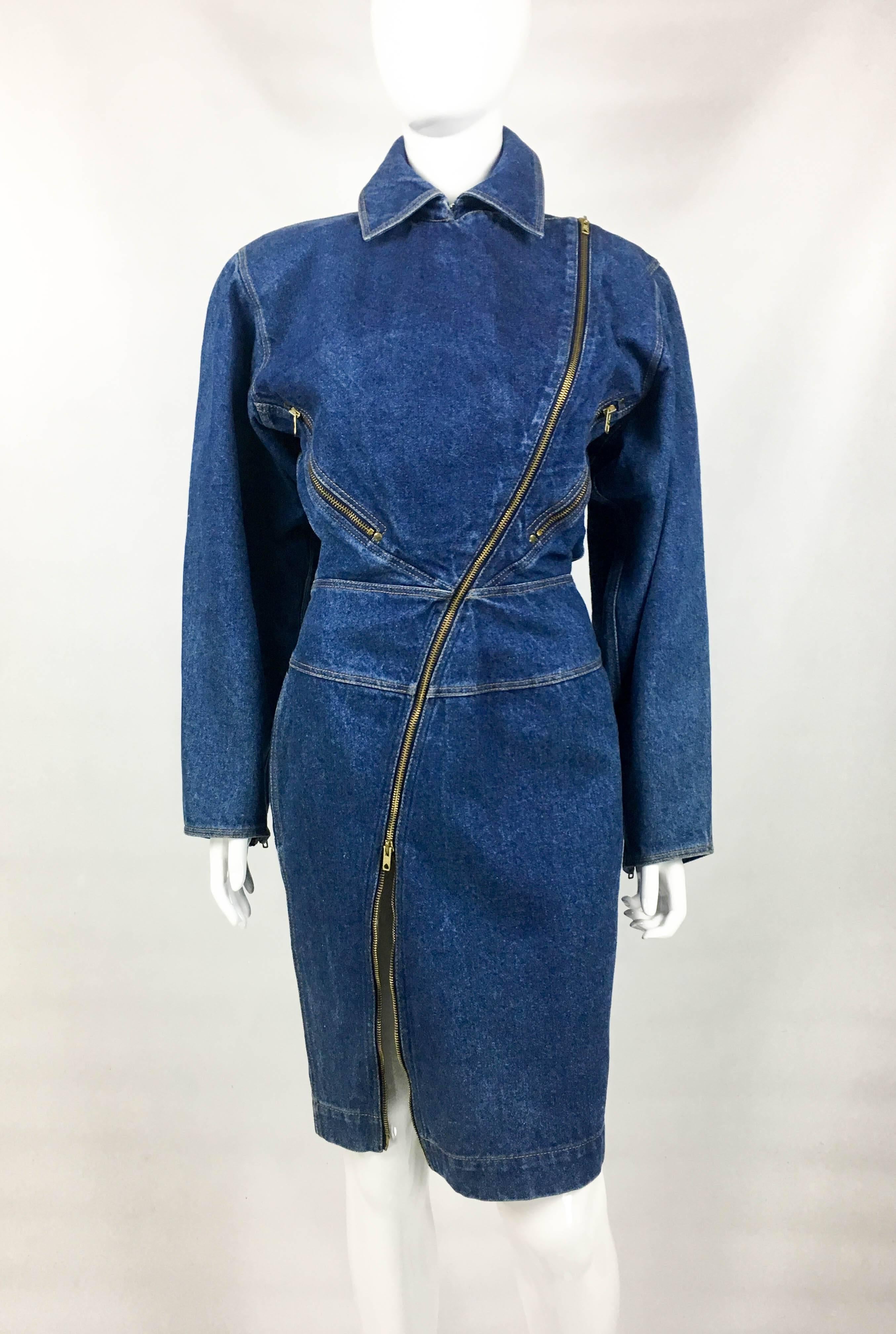 Azzedine Alaia Blue Denim Zipper Dress, 1985  For Sale 1