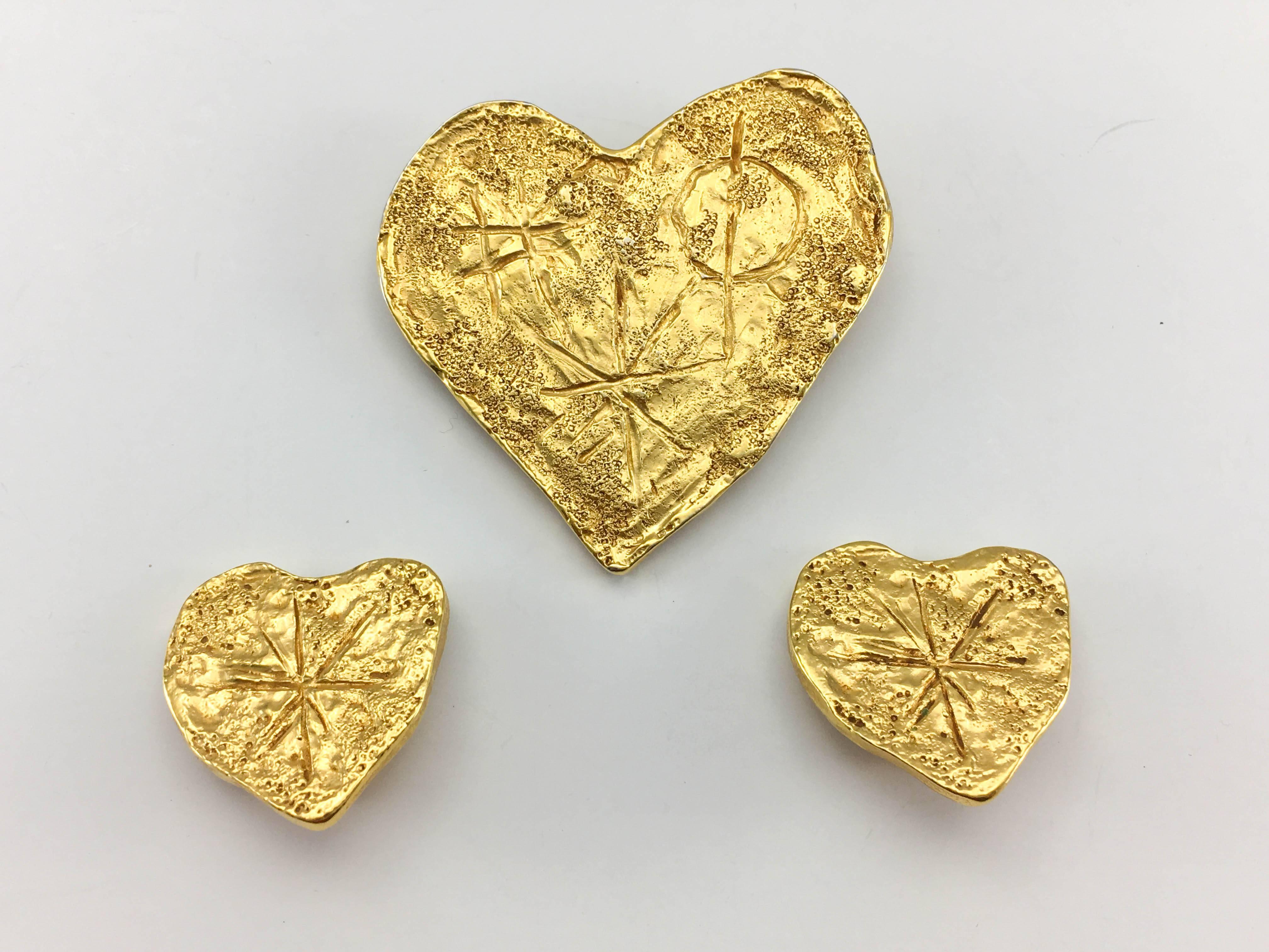 Lacroix by Goossens Gold-Plated Earrings and Brooch Modernist Heart Set, 1994  In Excellent Condition For Sale In London, Chelsea