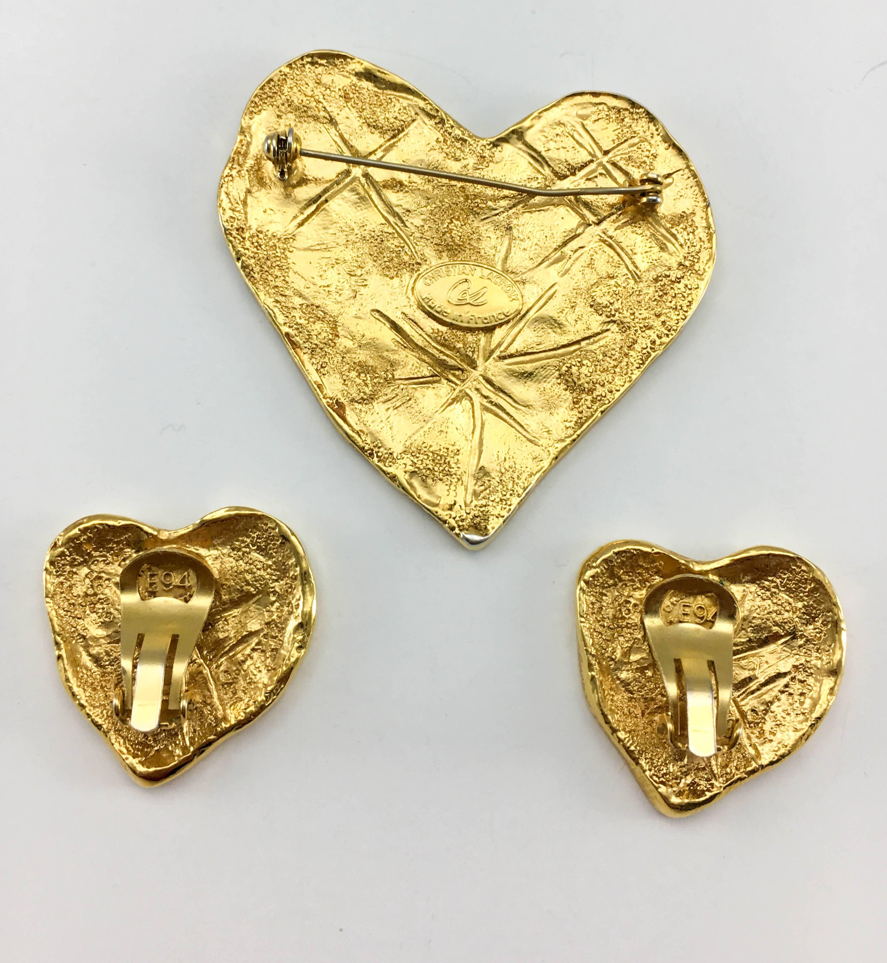 Lacroix by Goossens Gold-Plated Earrings and Brooch Modernist Heart Set, 1994  For Sale 3