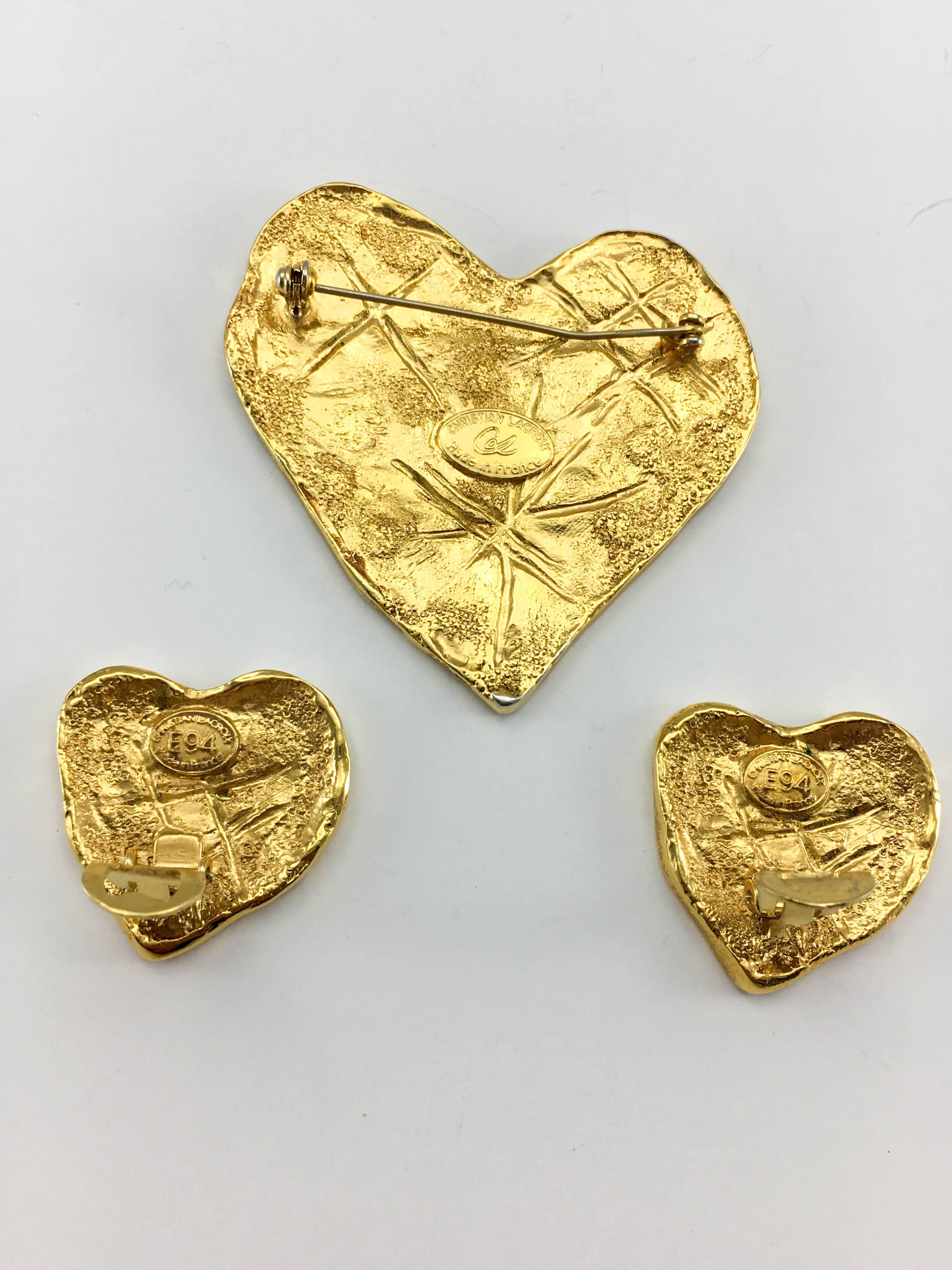 Lacroix by Goossens Gold-Plated Earrings and Brooch Modernist Heart Set, 1994  For Sale 4
