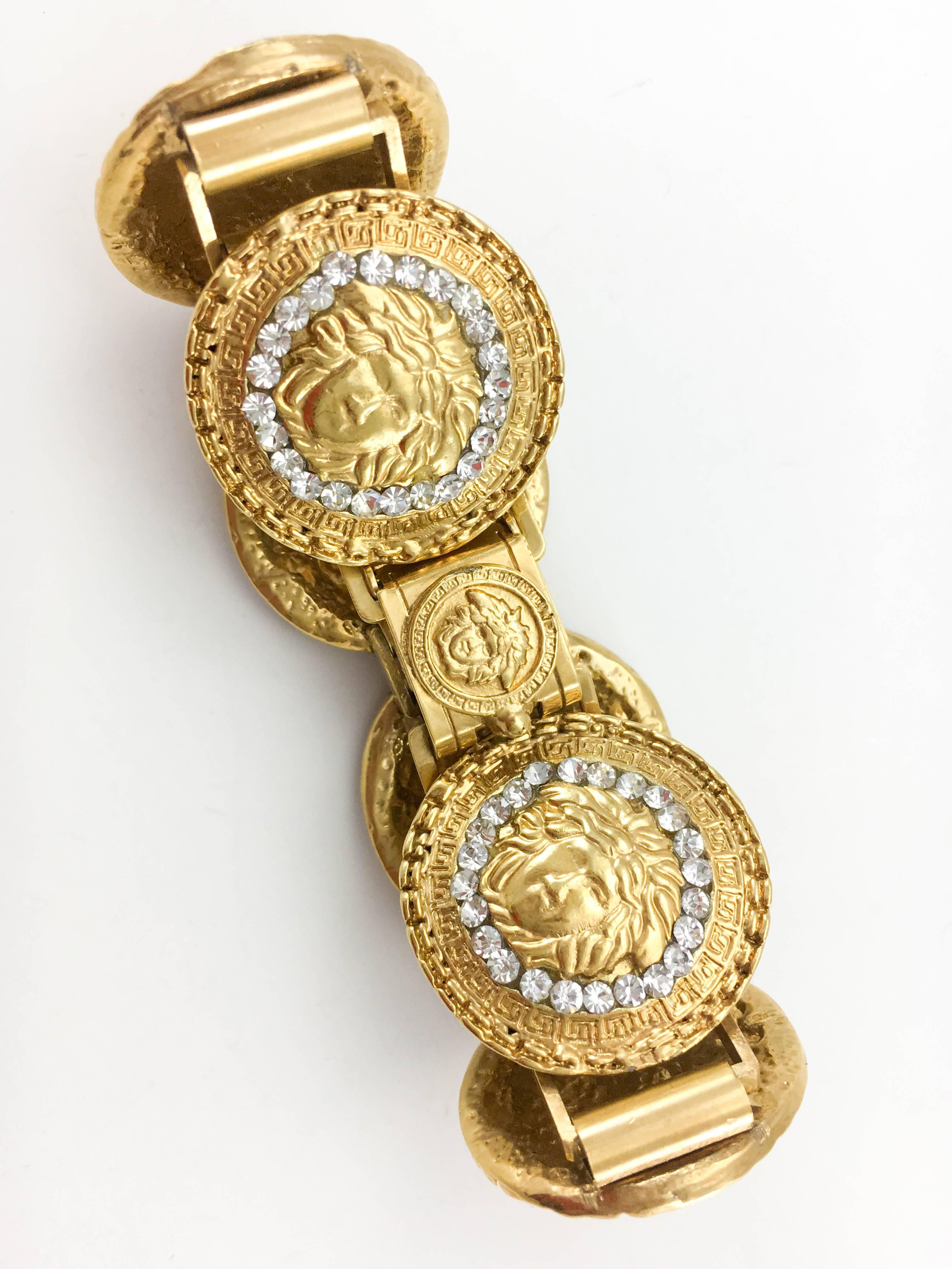 Women's or Men's 1990's Gianni Versace Gold-Plated Medusa Head with Rhinestones Bracelet For Sale