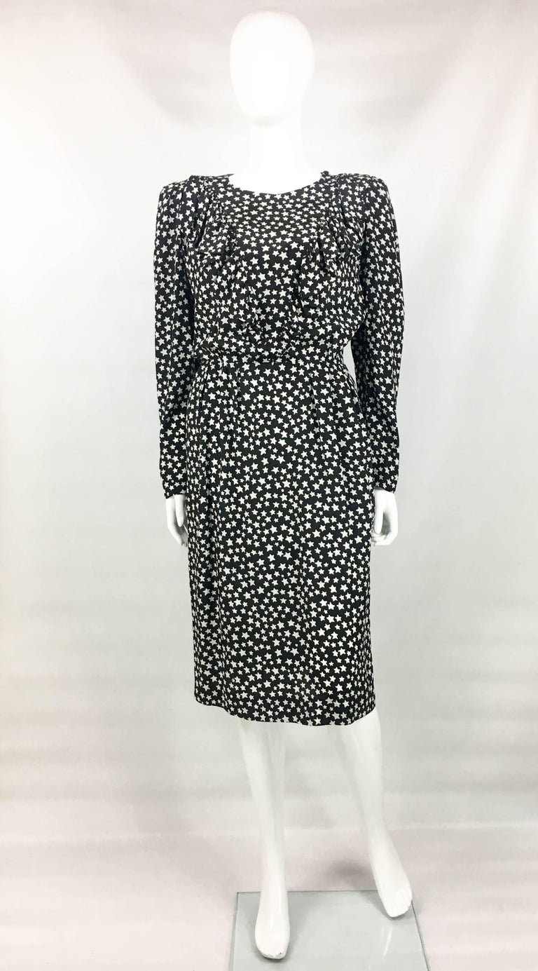 1980's Yves Saint Laurent Star-Print Long Sleeve Silk Dress at 1stDibs