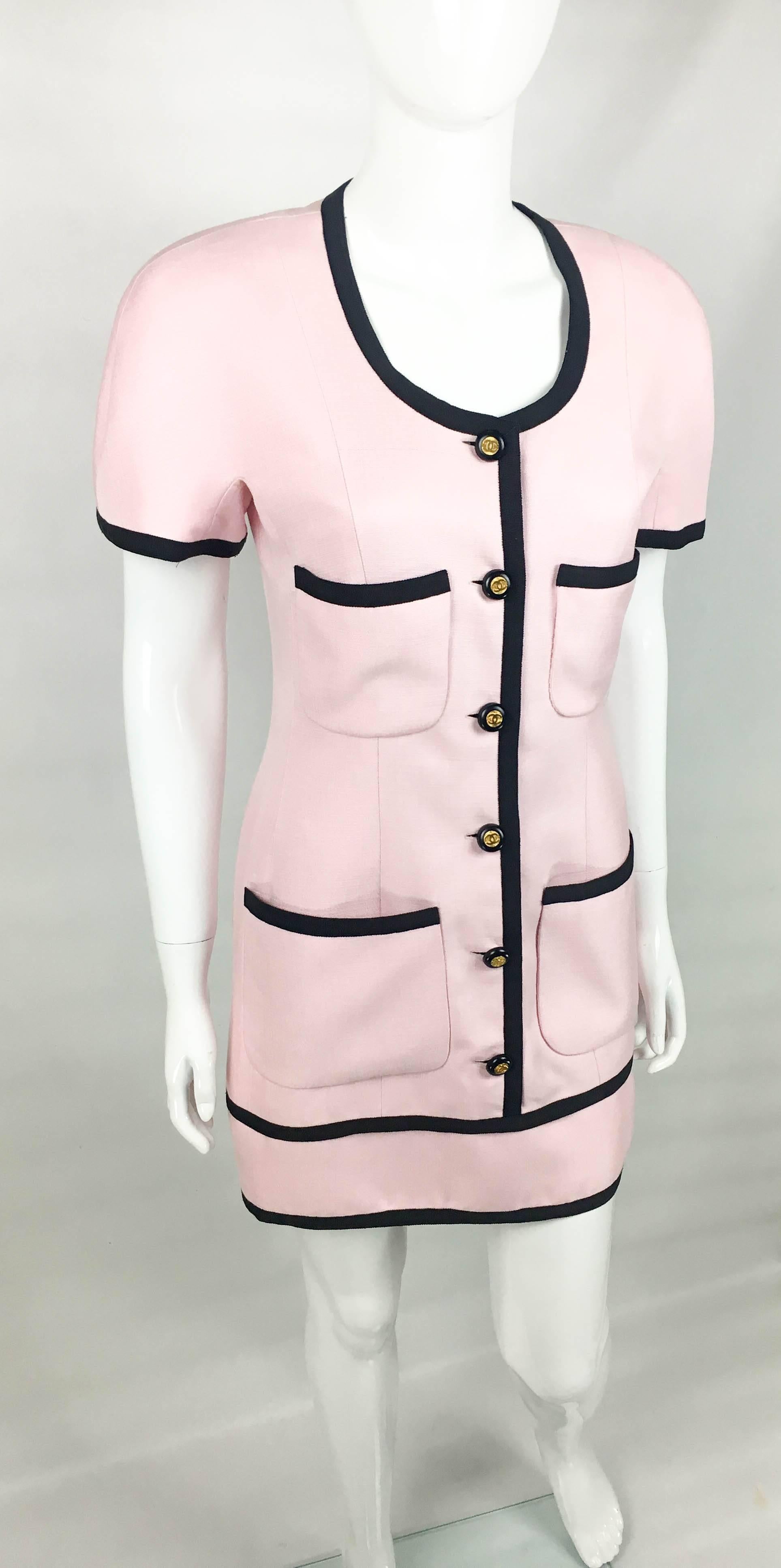 Chanel Pink Short Dress With Logo Buttons, 1991  In Good Condition For Sale In London, Chelsea