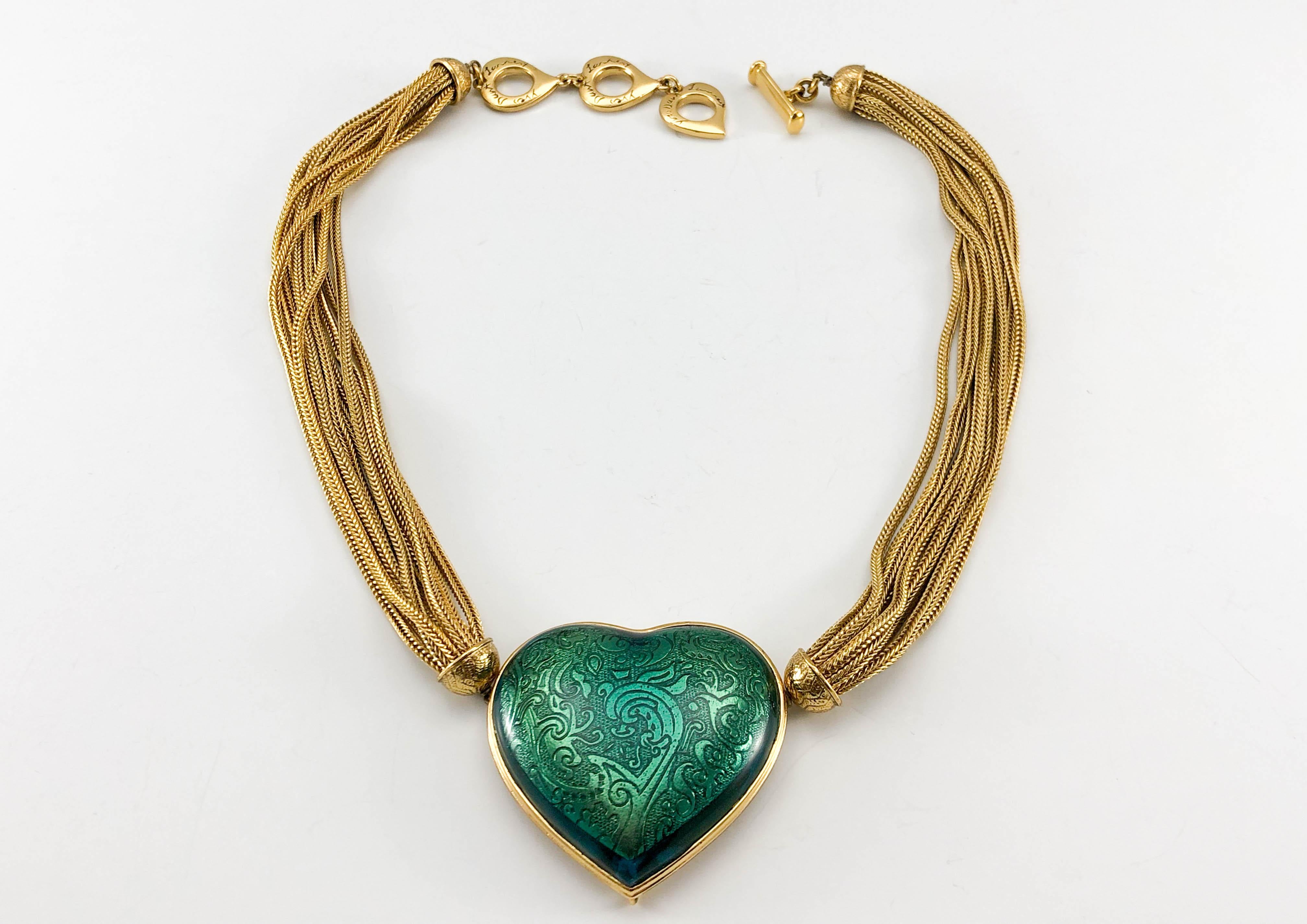 1980's Yves Saint Laurent Green Heart Pendant Necklace For Sale 1