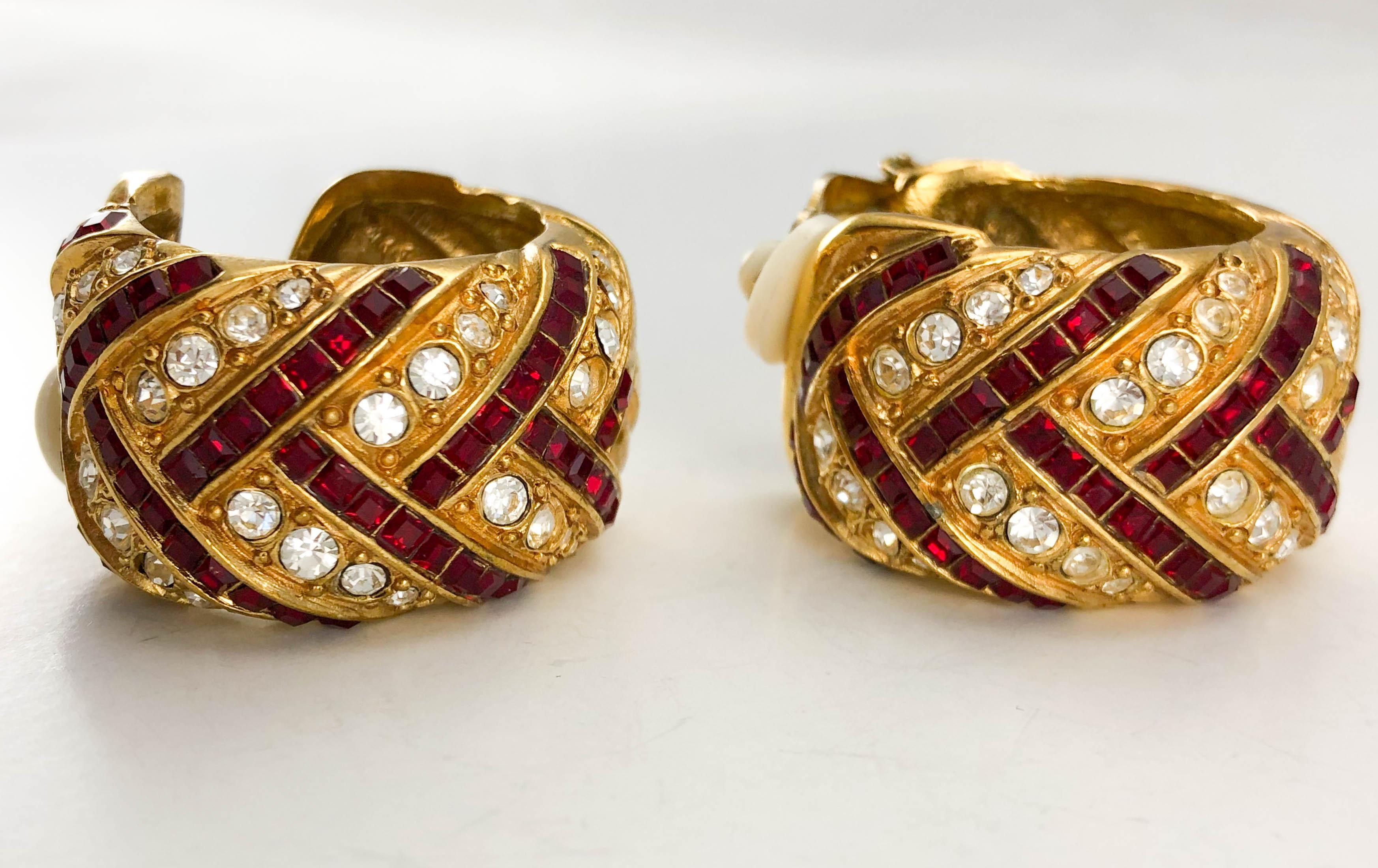 1980's Yves Saint Laurent Crystal Embellished Gold-Plated Hoop Earrings 1