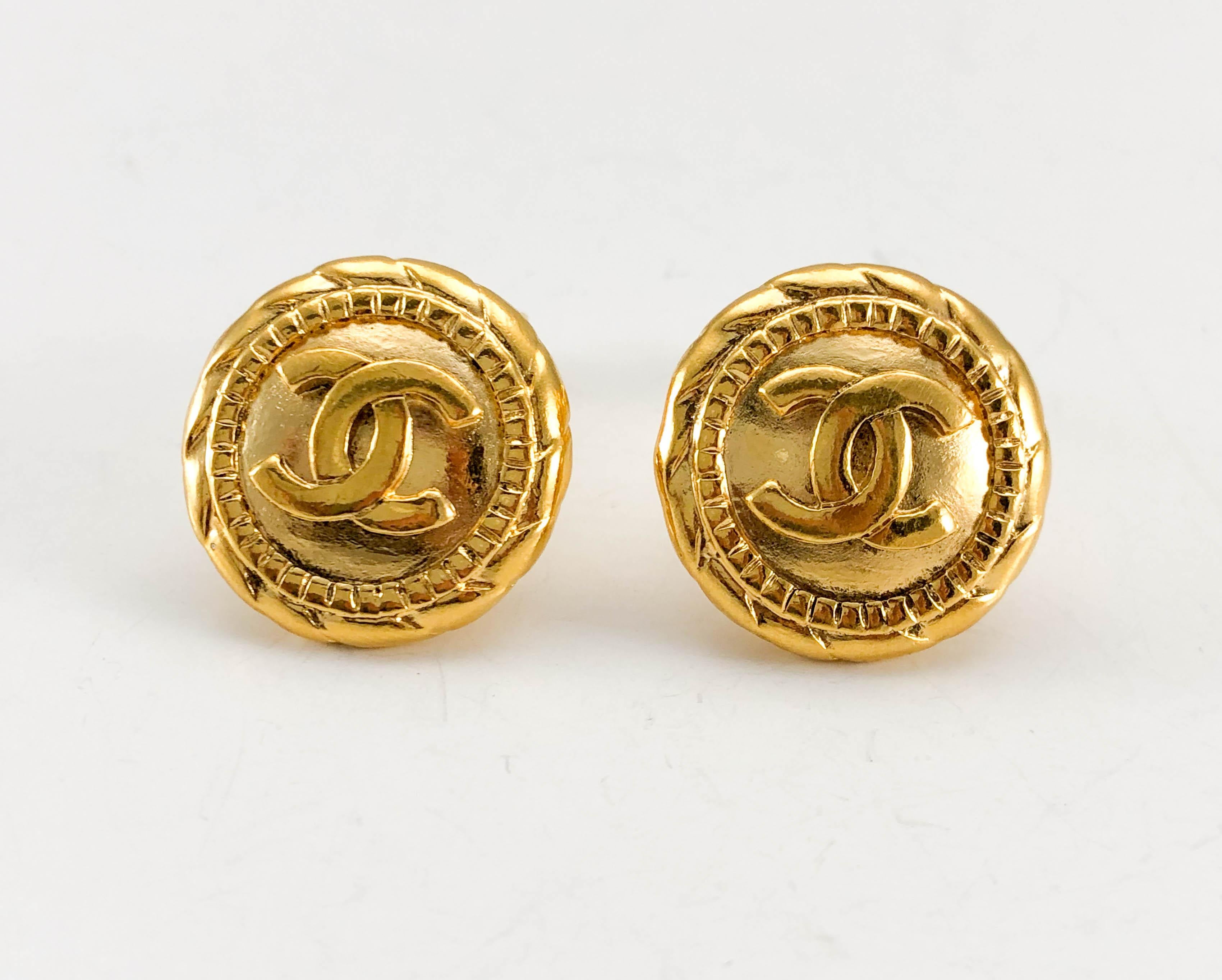 1980's Chanel Gold-Plated Numbered Round Logo Earrings 1