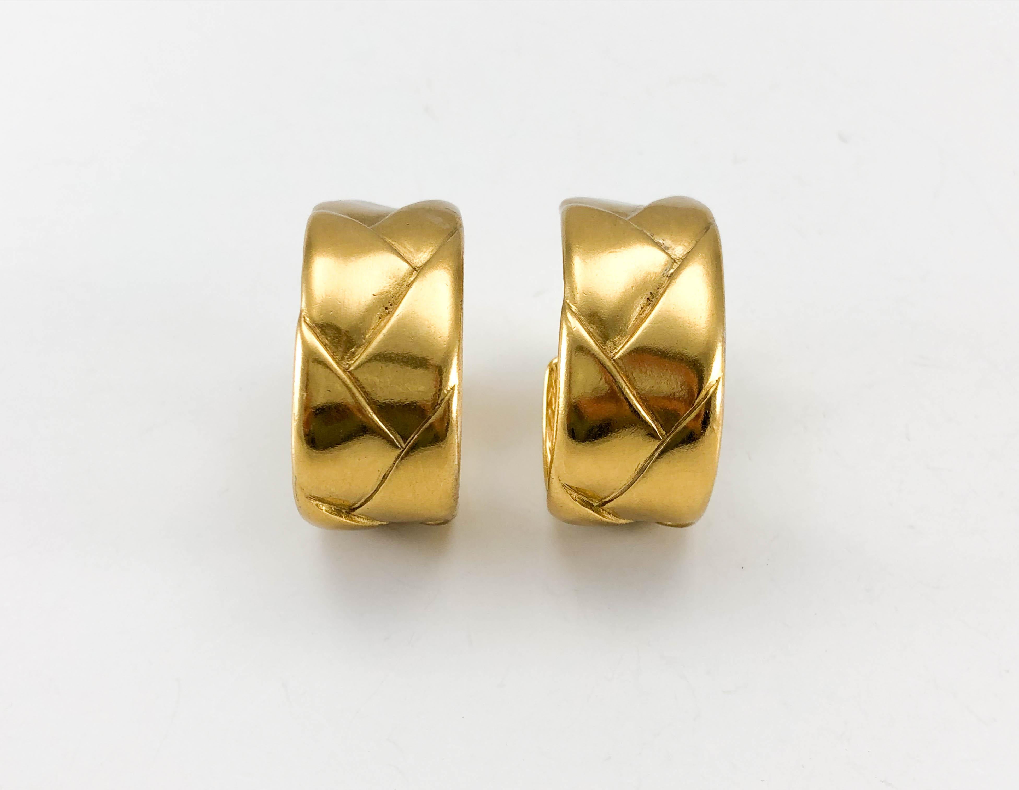 Women's 1980's Yves Saint Laurent Gold-Plated Quilted Hoop Earrings For Sale