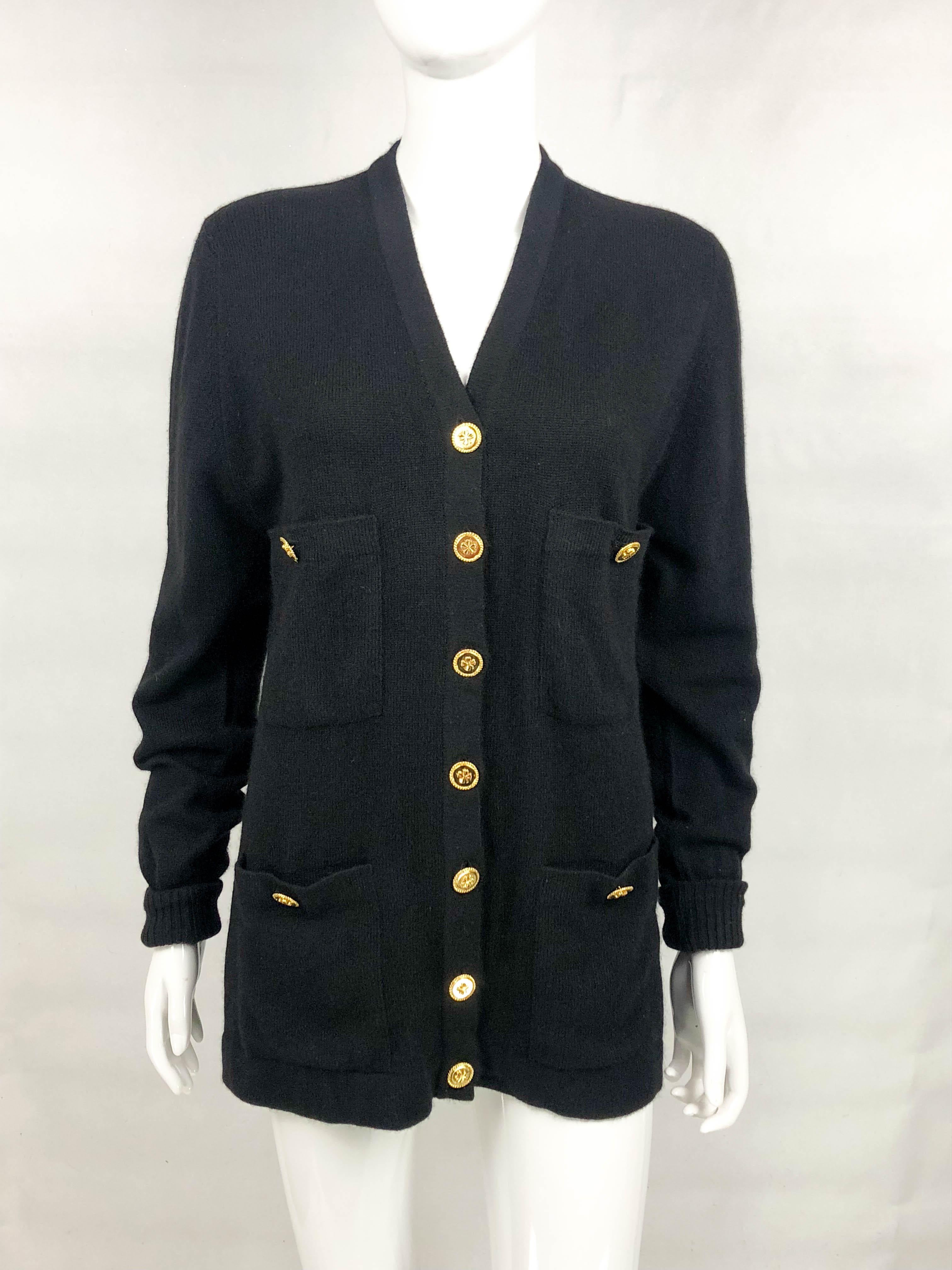 Women's 1990's Chanel Black Cashmere Cardigan With Gilt Buttons