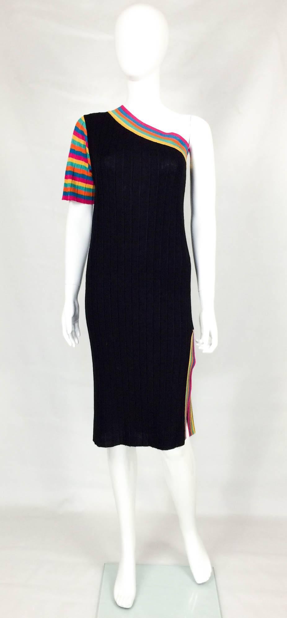 Hip Vintage Yves Saint Laurent Tricot Dress. This straight cut, one-shoulder, corrugated knitted dress was made by Yves Saint Laurent for designer Amen Wardy’s iconic boutique in Newport. It features colourful stripes on the neckline, sleeve and