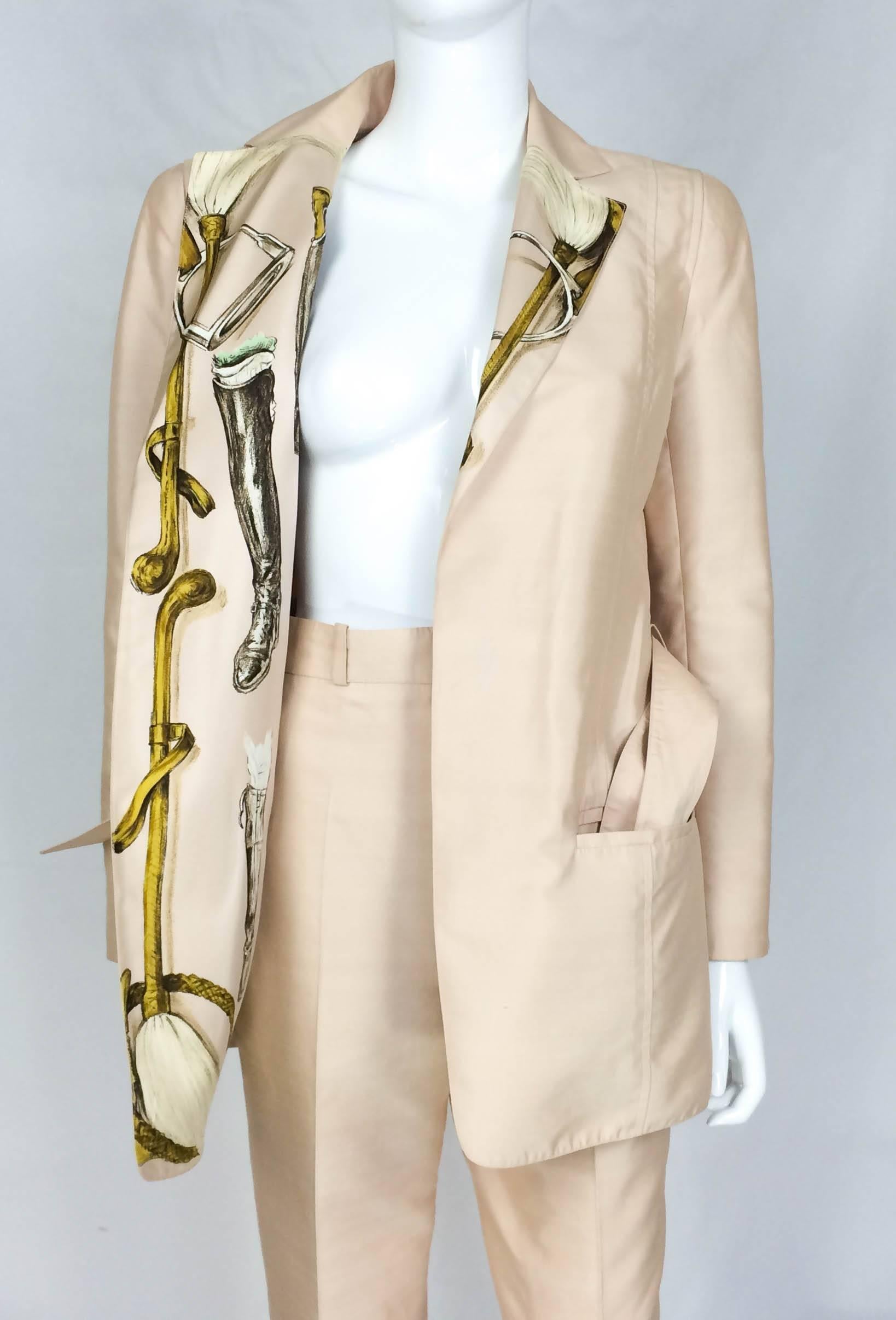 Beige Rare Hermes Suit with 'A Propos de Bottes' Print on Lapels and Lining - 1980s