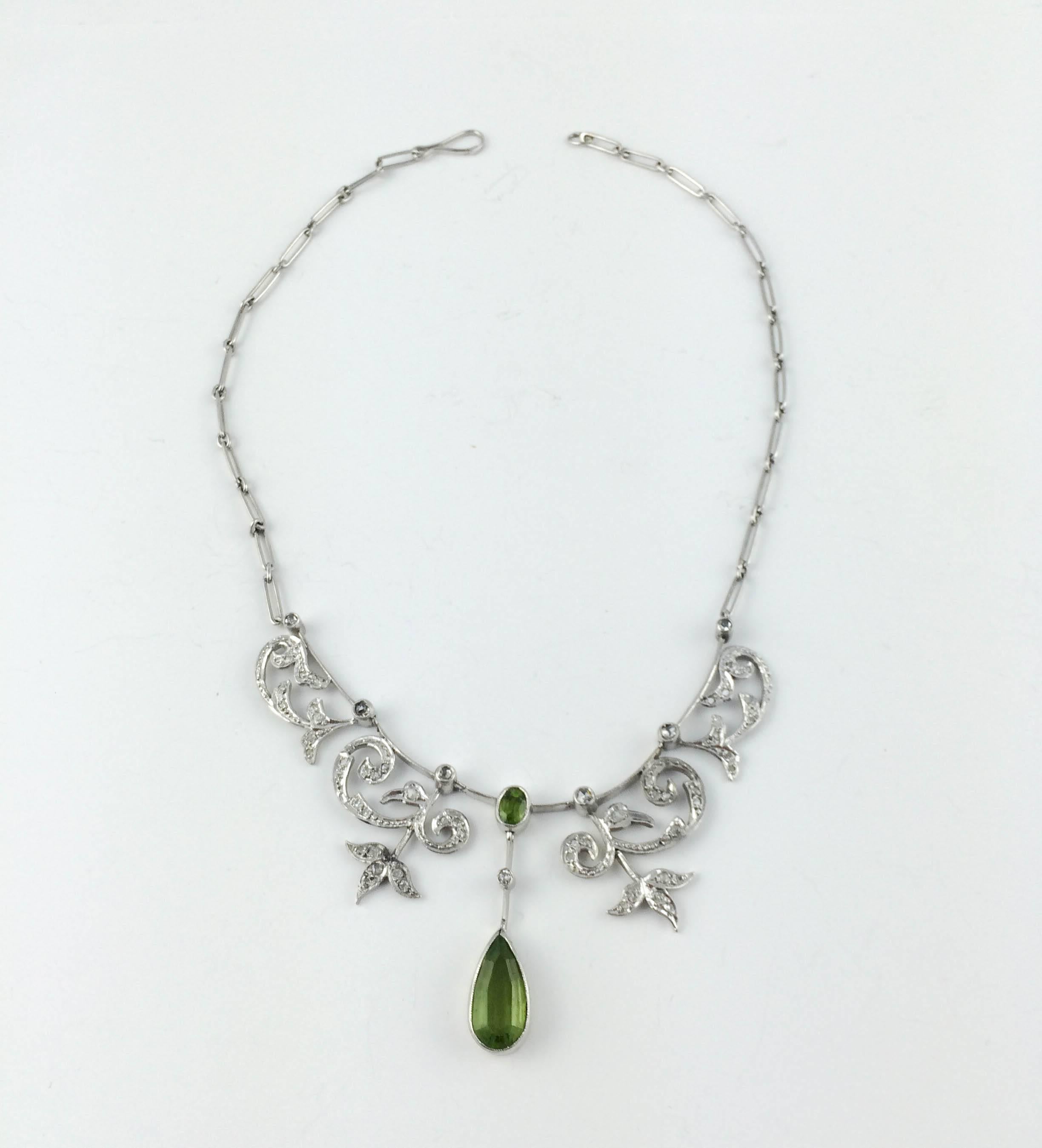 Dashing Vintage White Gold, Diamonds and Peridot Necklace. Stylish 1920s necklace. Great design and attention grabbing piece.

 

Period: 1920s

Origin: Europe

Materials: 9ct White Gold; Diamonds and Peridot

Condition: