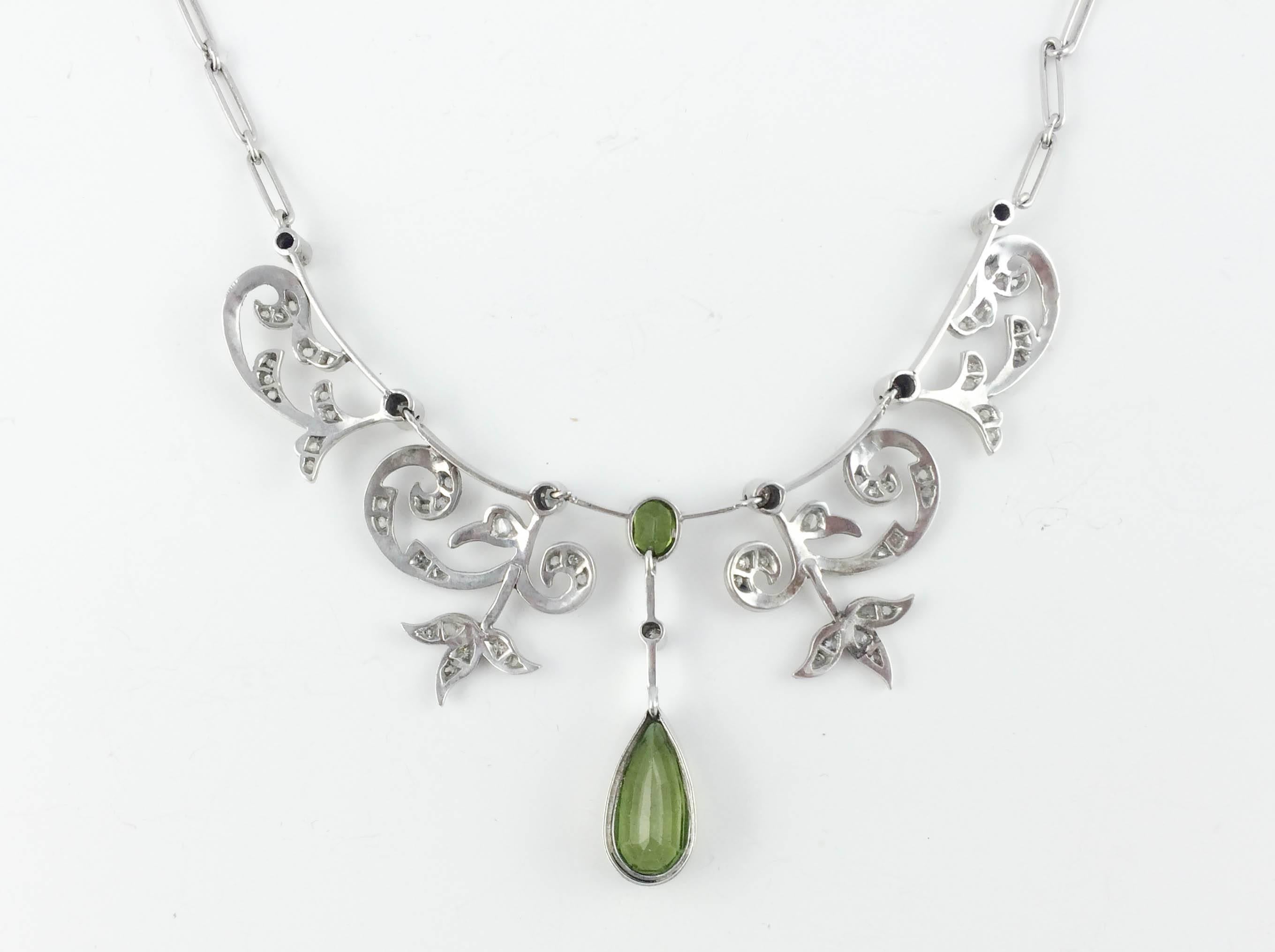 White Gold, Diamonds and Peridot Necklace - 1920s 5