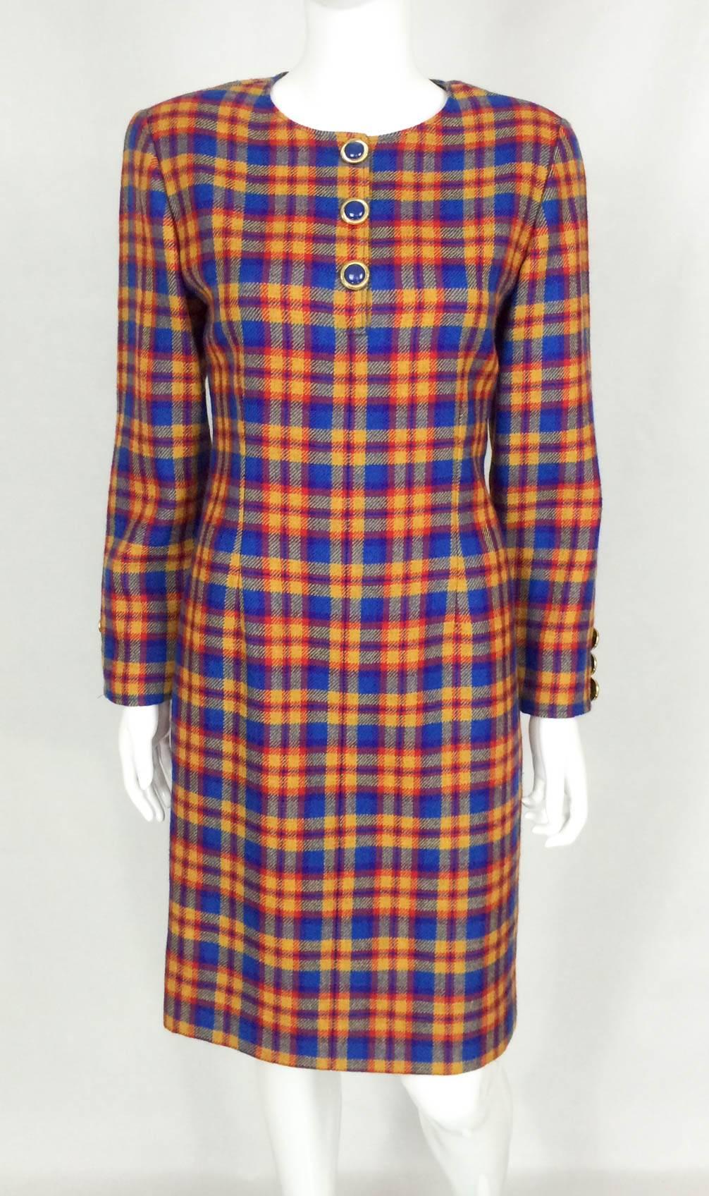 Brown Valentino Wool Plaid Dress - Early 1990s For Sale