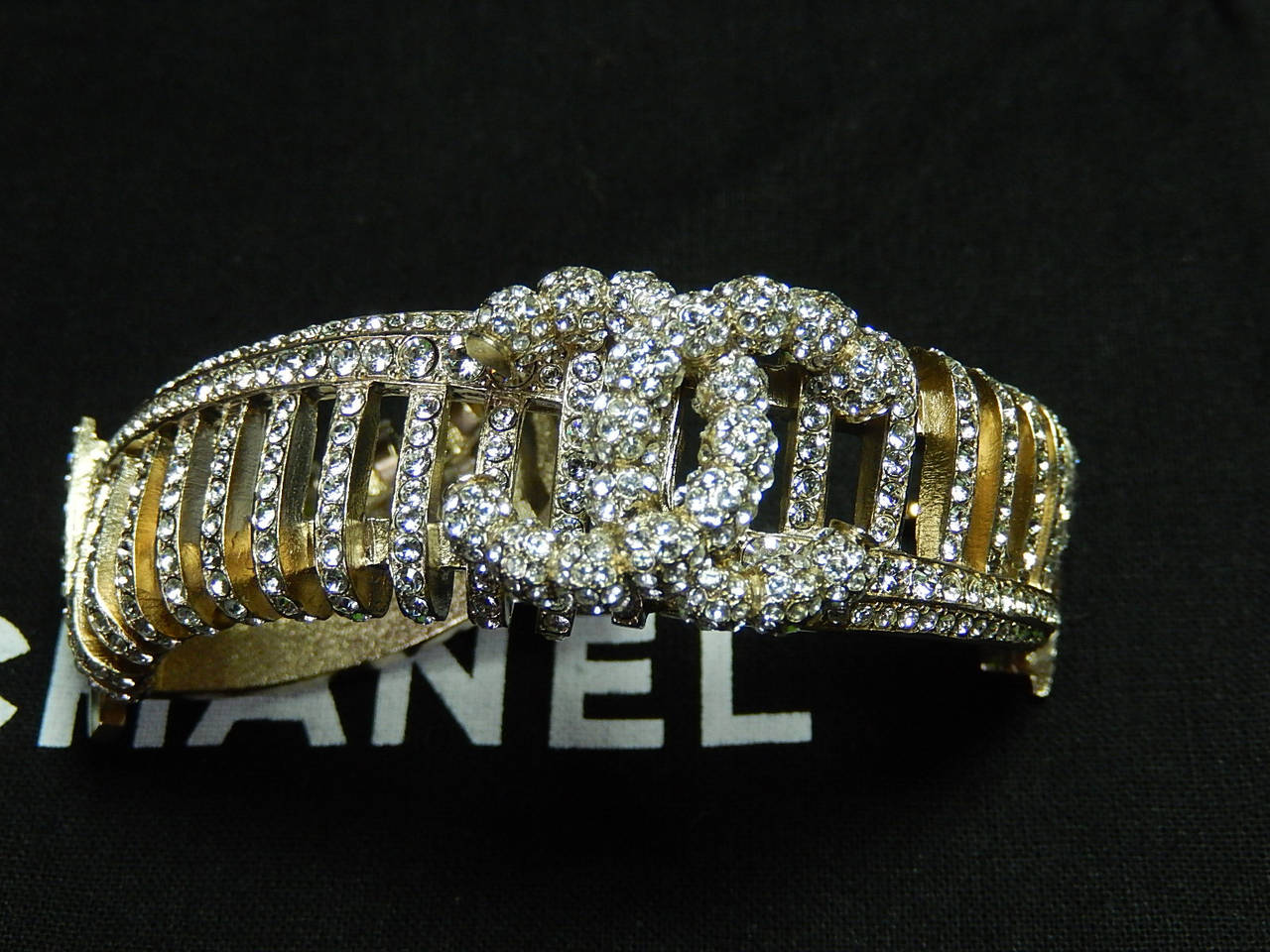 Chanel New in Box 900 Hand Set Diamante and Gold Bracelet with Huge CC Rare In New Condition For Sale In New York, NY