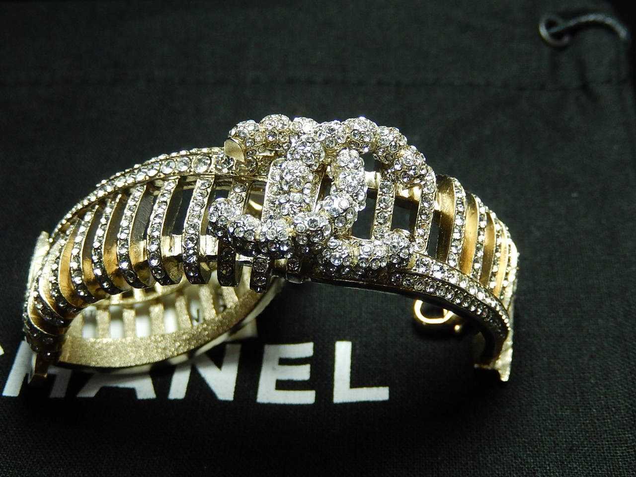 Women's Chanel New in Box 900 Hand Set Diamante and Gold Bracelet with Huge CC Rare For Sale