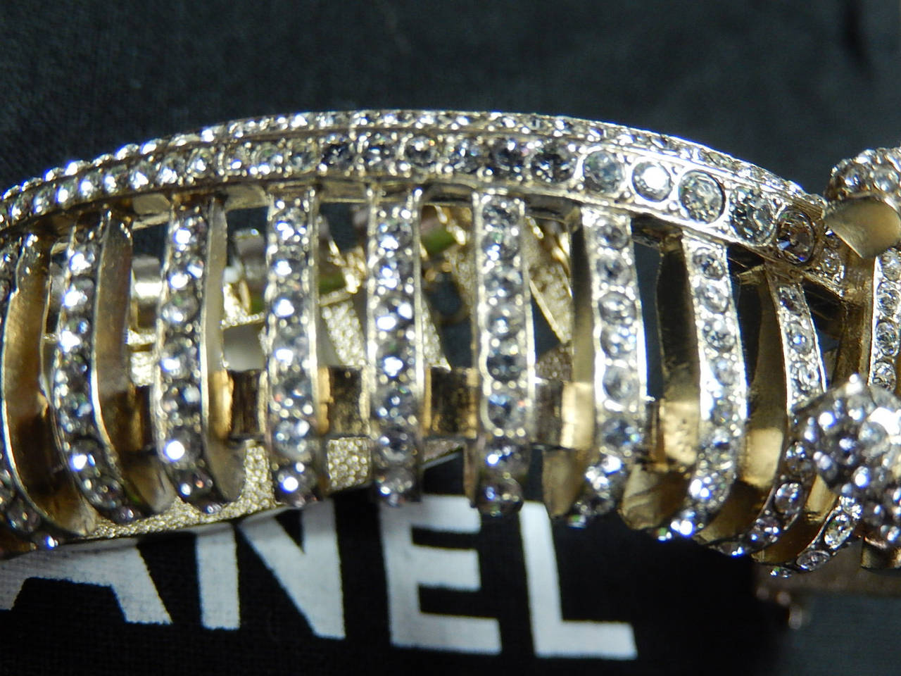Chanel New in Box 900 Hand Set Diamante and Gold Bracelet with Huge CC Rare For Sale 2