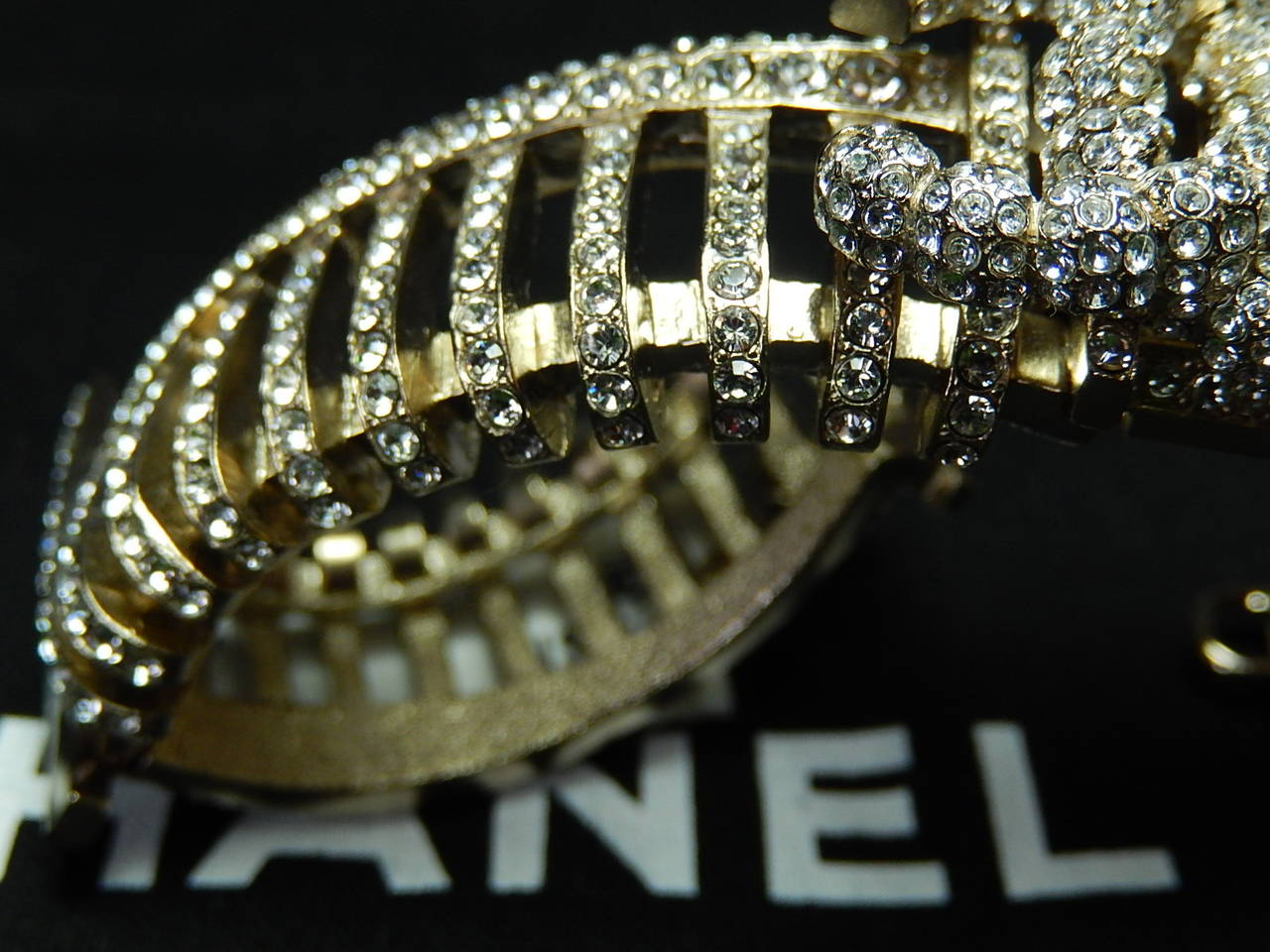 Chanel New in Box 900 Hand Set Diamante and Gold Bracelet with Huge CC Rare For Sale 3