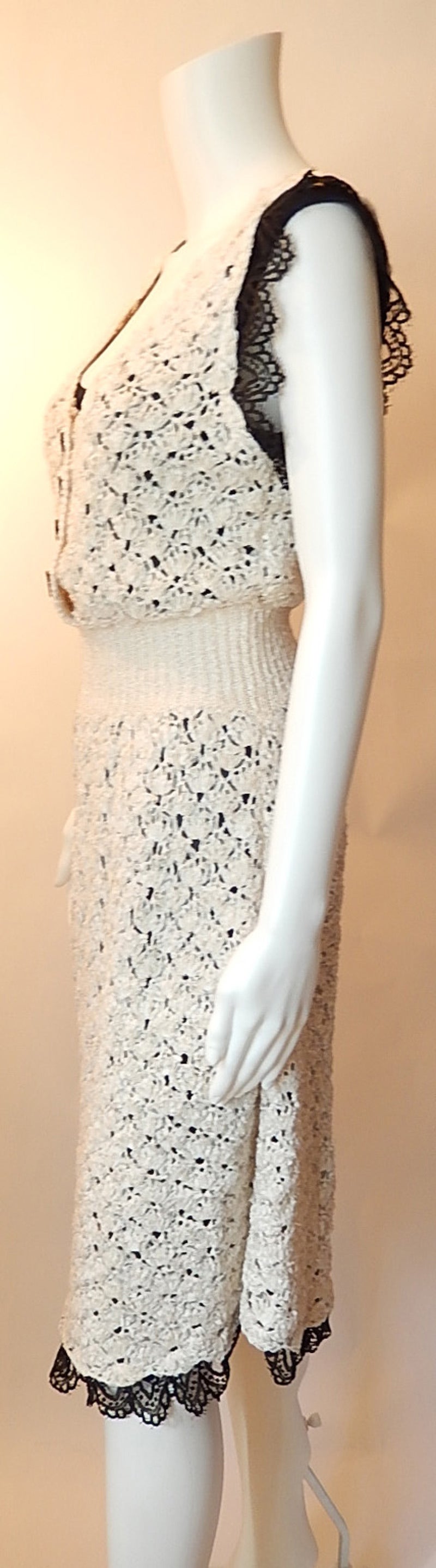 Women's Chanel Ivory Silk Crocheted Dress with Black Slip Lace Edged Size 40 For Sale
