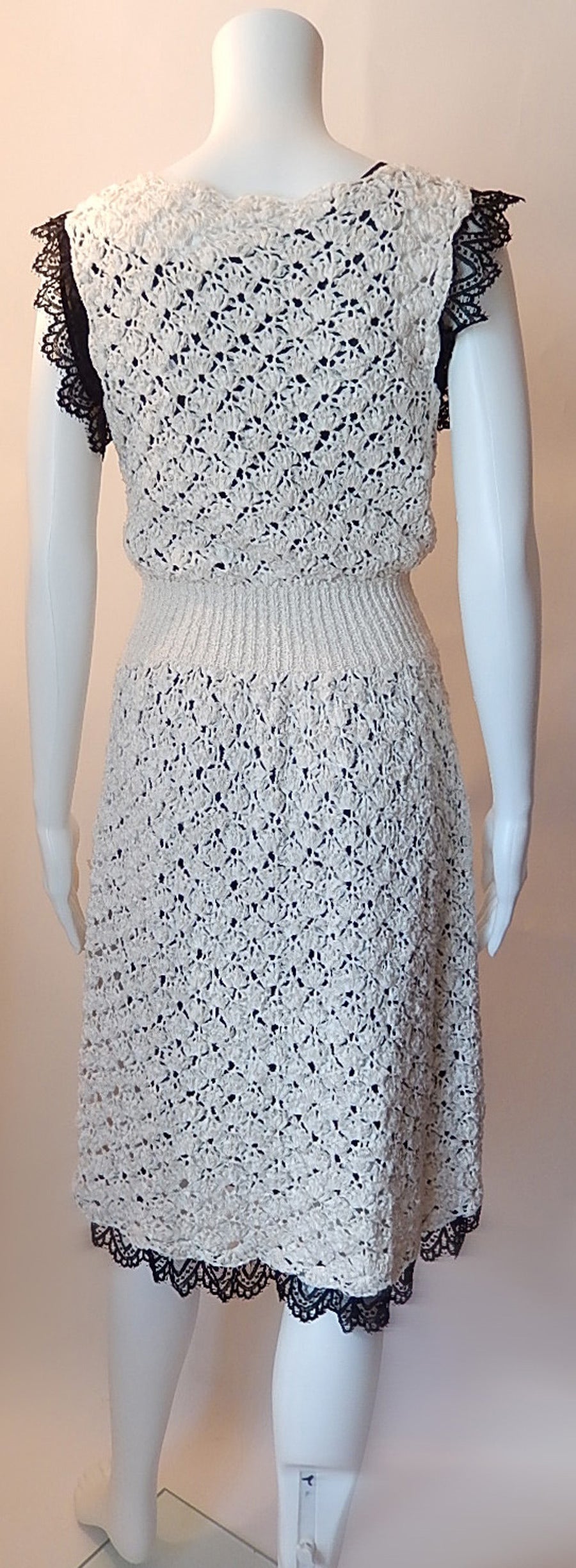 Chanel Ivory Silk Crocheted Dress with Black Slip Lace Edged Size 40 For Sale 1