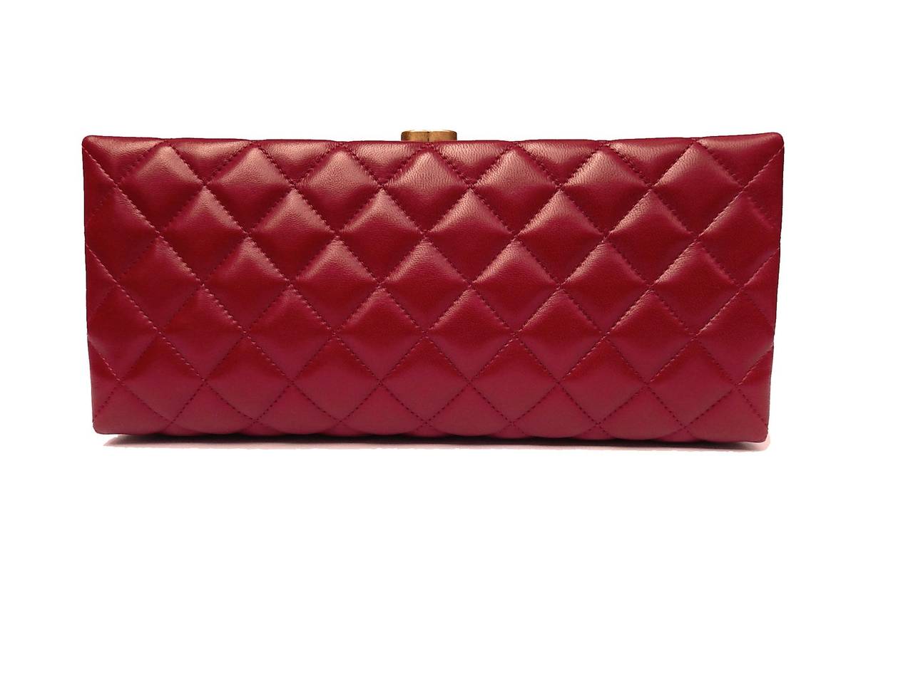 Chanel New Red Lambskin Leather Clutch with CC Gold Top Lock