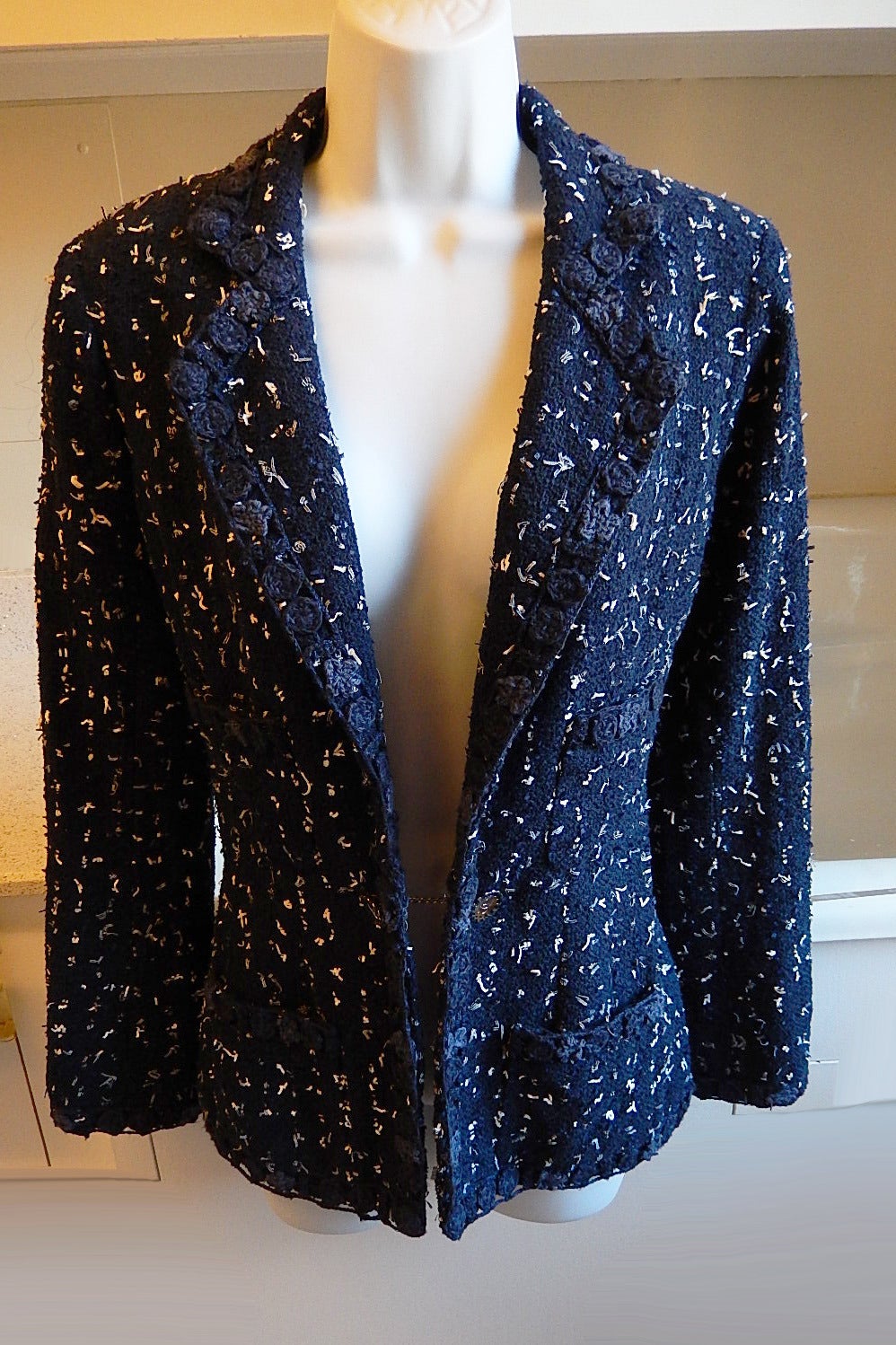 Chanel Jacket Navy and White with Crocheted Flowers Size 38
