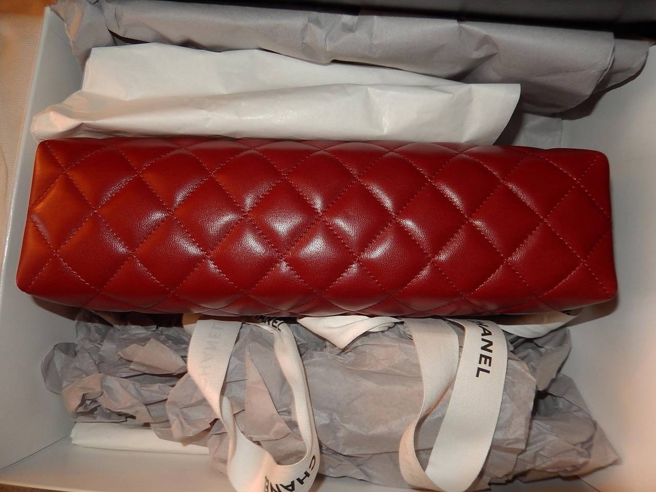 Chanel New Red Lambskin Leather Clutch with CC Gold Top Lock For Sale 1