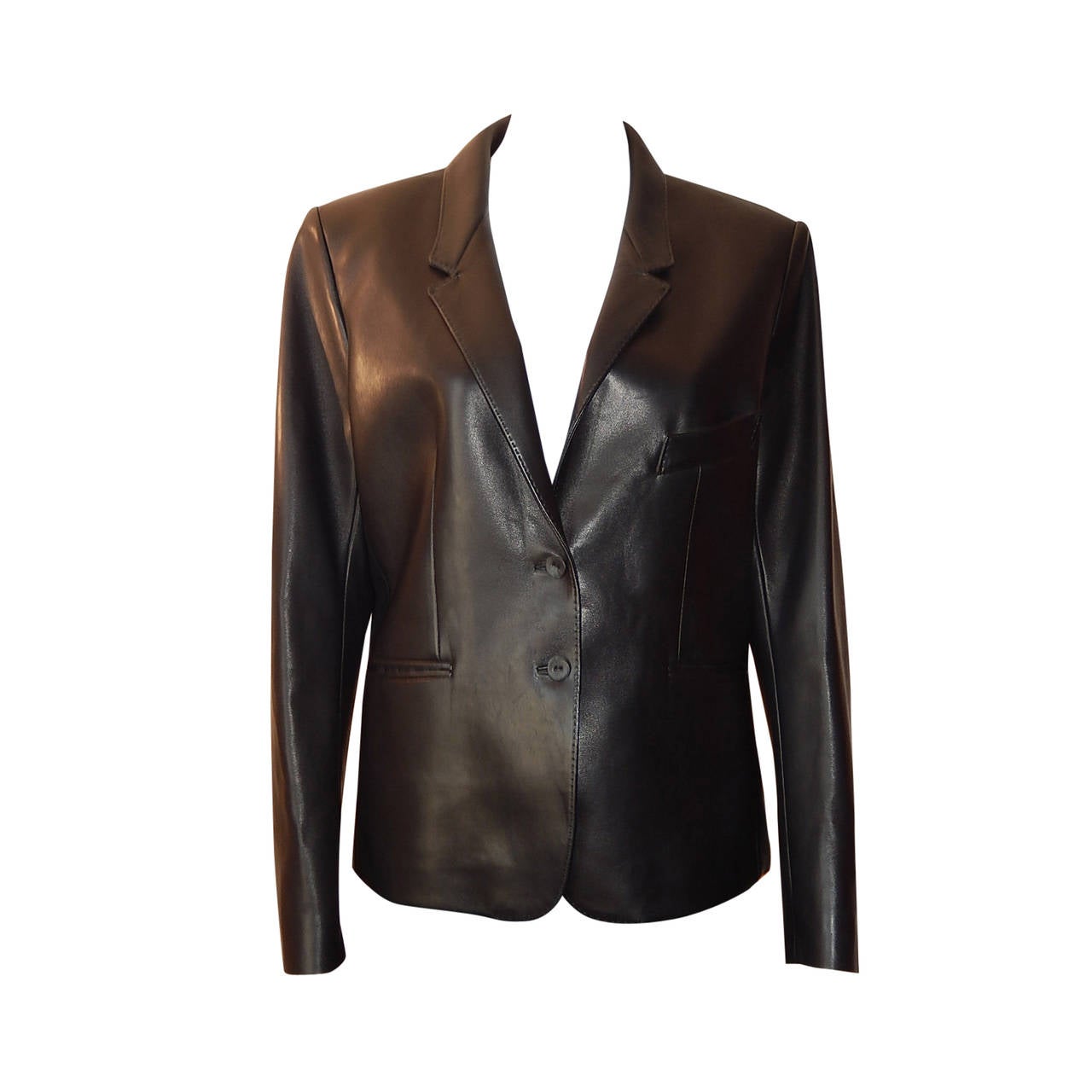 Hermes Black Lambskin Leather Jacket with Front Pockets Leather Buttons Size 46 For Sale