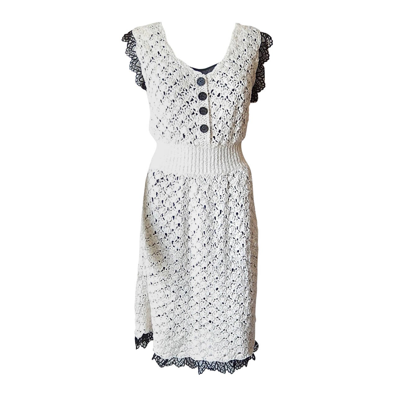 Chanel Ivory Silk Crocheted Dress with Black Slip Lace Edged Size 40 For Sale