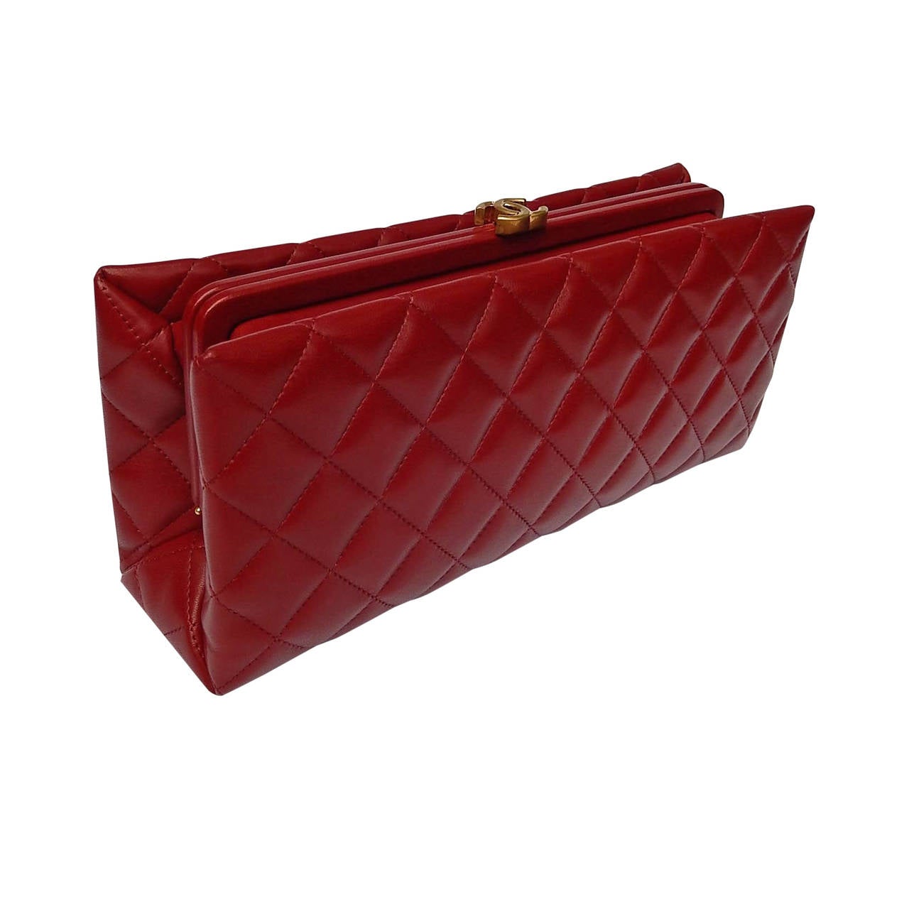 Chanel New Red Lambskin Leather Clutch with CC Gold Top Lock For Sale