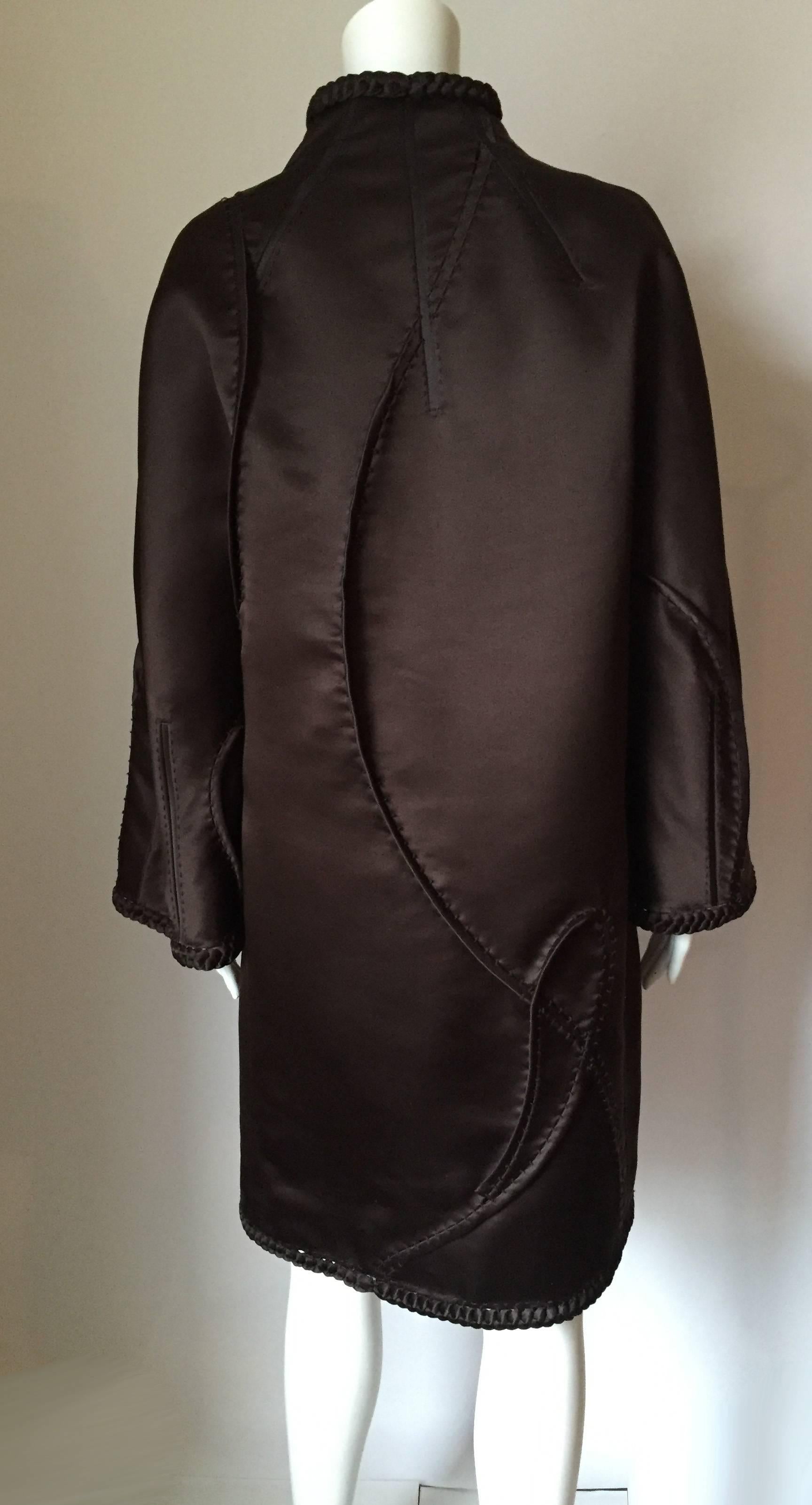 Women's Chado Ralph Rucci Brown Silk coat Braided Trim Wide Sleeves 3-D Details Large